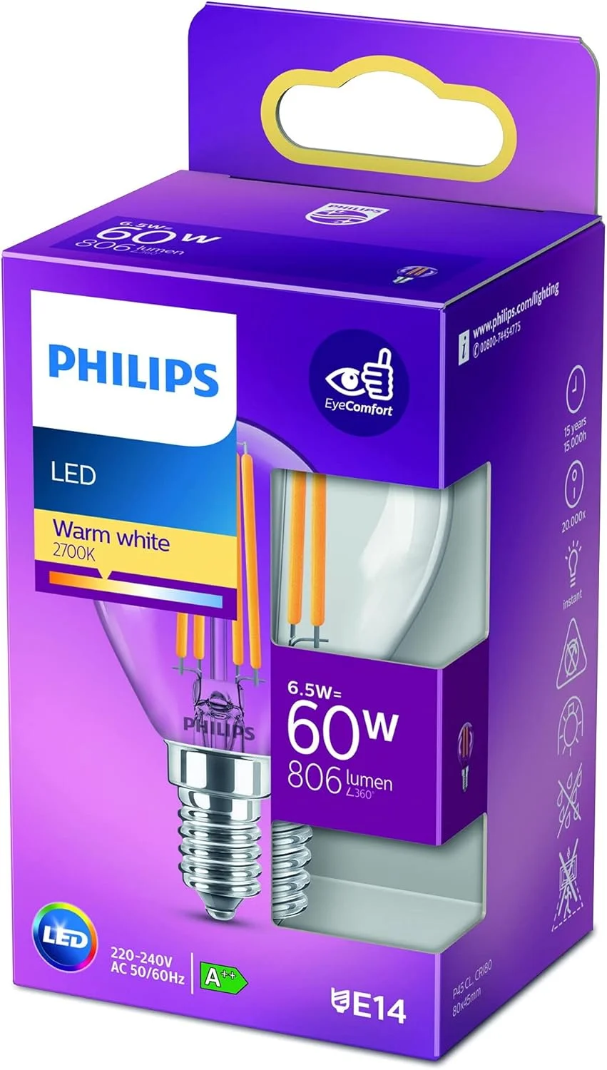 لامپ ال ای دی فیلیپس مدل Premium Classic P45 Lustre با پایه E14 (پیچ کوچک ادیسونی) 6.5 وات - معادل 60 وات، نور سفید گرم (2700 کلوین)، غیر قابل تنظیم نور