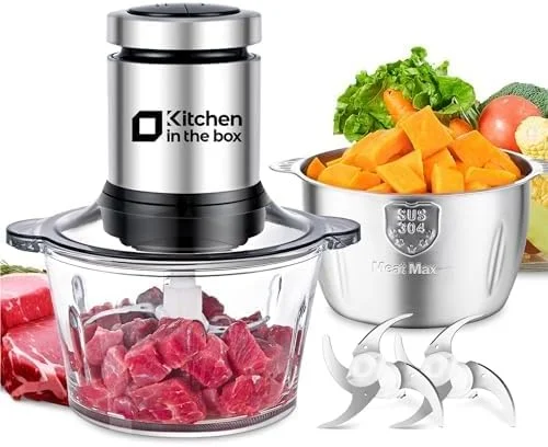 پردازنده غذای آشپزخانه در جعبه، آسیاب گوشت کوچک و خردکن برقی سبزیجات با 2 کاسه (8 پیمانه + 8 پیمانه) و 2 تیغه دو سطحی برای گوشت/ماهی/سبزیجات/غذای کودک (مشکی، 8 پیمانه + 8 پیمانه)