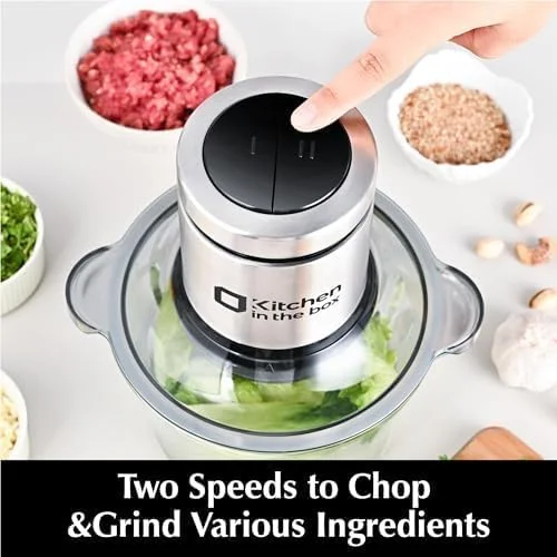 پردازنده غذای آشپزخانه در جعبه، آسیاب گوشت کوچک و خردکن برقی سبزیجات با 2 کاسه (8 پیمانه + 8 پیمانه) و 2 تیغه دو سطحی برای گوشت/ماهی/سبزیجات/غذای کودک (مشکی، 8 پیمانه + 8 پیمانه)