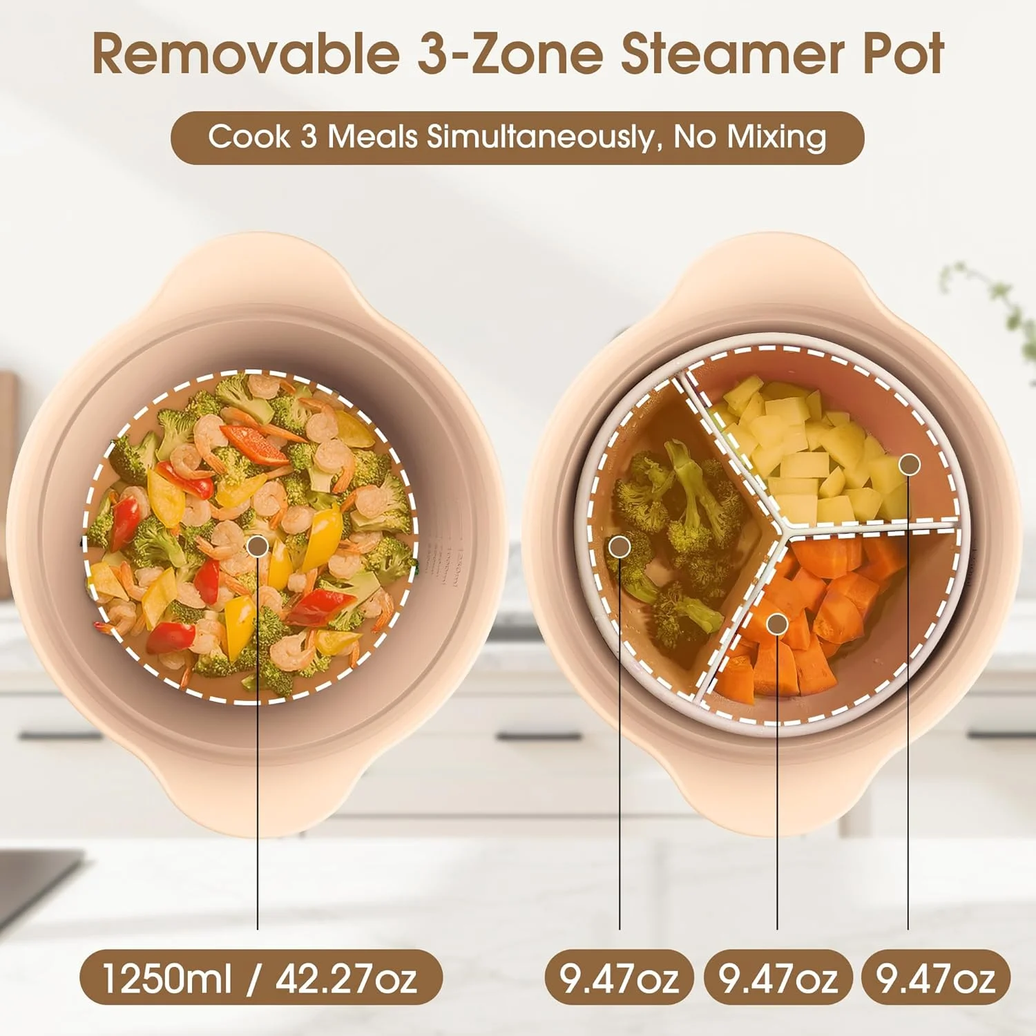 بخارپز سیلیکونی مایکروویو 1200 میلی لیتری 3 قسمتی برای سبزیجات/ماهی/غذای کودک، ایمن برای فر و ماشین ظرفشویی، تمیز کردن آسان، قابلمه مایکروویو با دسته و درب، کاسه بخارپز 100% مواد غذایی (صورتی، با سبد)
