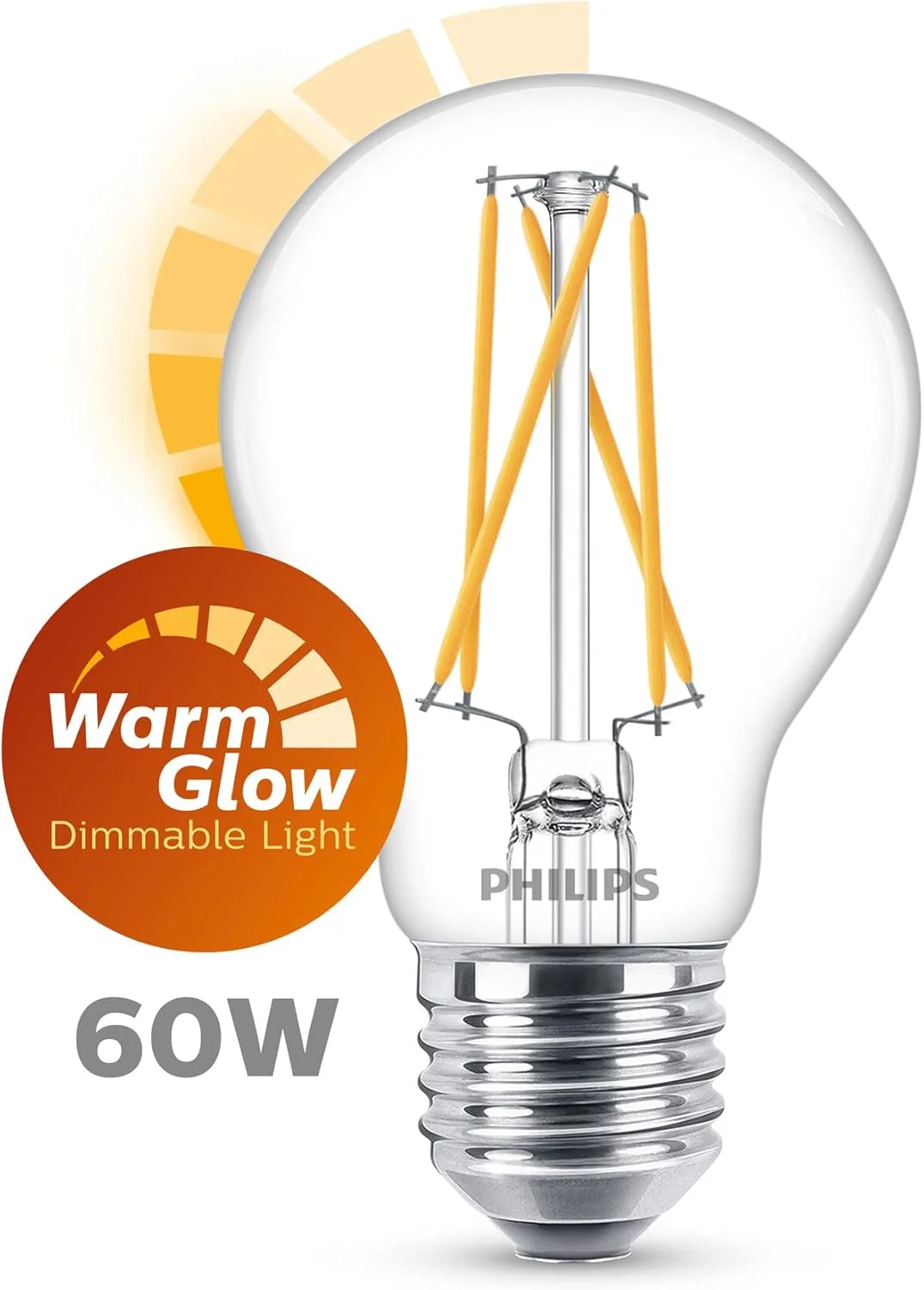لامپ ال ای دی کلاسیک فیلیپس E27 WarmGlow 60 وات اشکی، دیمرپذیر، شفاف، سفید گرم