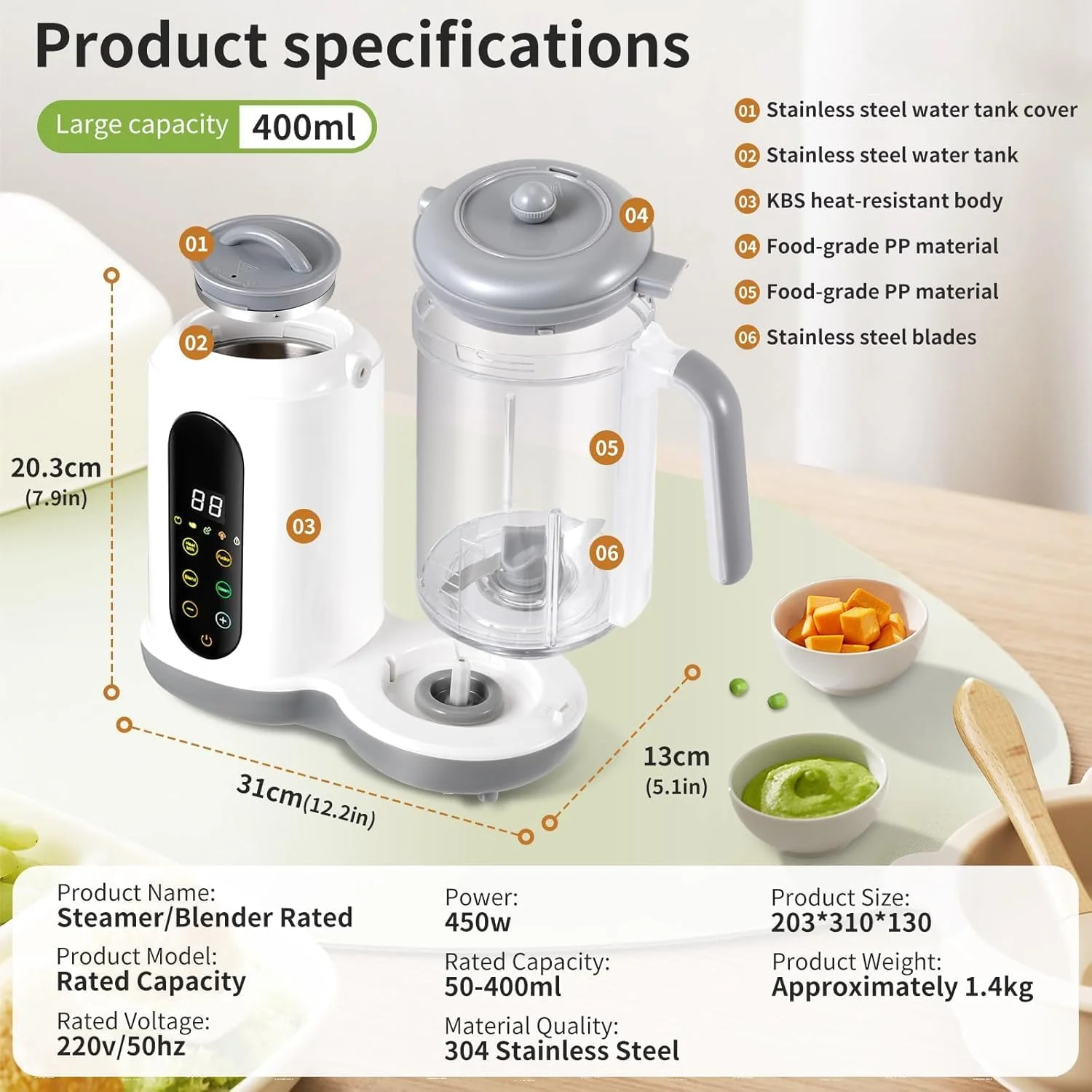 بخارپز و مخلوط کن غذای کودک فوروبار 400 میلی لیتری، پخت و آسیاب خودکار با 4 منو، مخلوط کن چند منظوره غذاساز کودک با کنترل صفحه لمسی