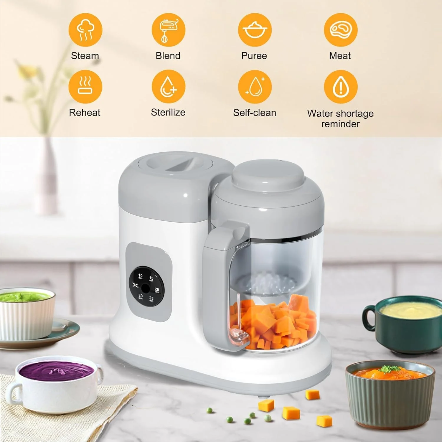 دستگاه غذاساز کودک Exrp - کنترل چرخشی و فشاری تک دکمه، غذای کودک در عرض چند دقیقه، پردازنده بخارپز پوره مخلوط کن، پخت و هم زدن خودکار، غذای خانگی سالم برای نوزادان و کودکان نوپا
