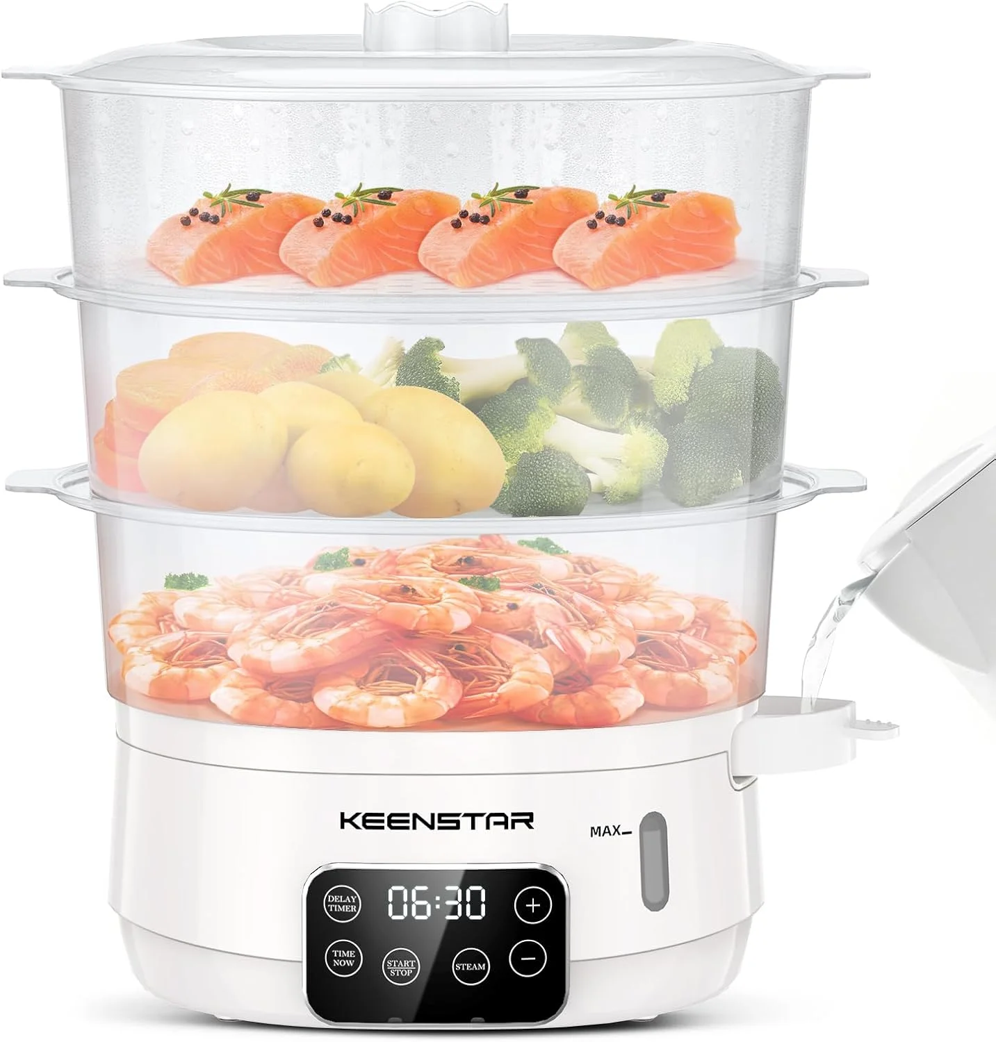بخارپز برقی غذا، بخارپز سبزیجات 13.7QT با 3 سبد بدون BPA، بخارپز دیجیتال با قابلیت تنظیم زمان و تایمر، پخت همزمان 800 واتی، ایده آل برای سبزیجات، غذاهای دریایی، برنج سفید