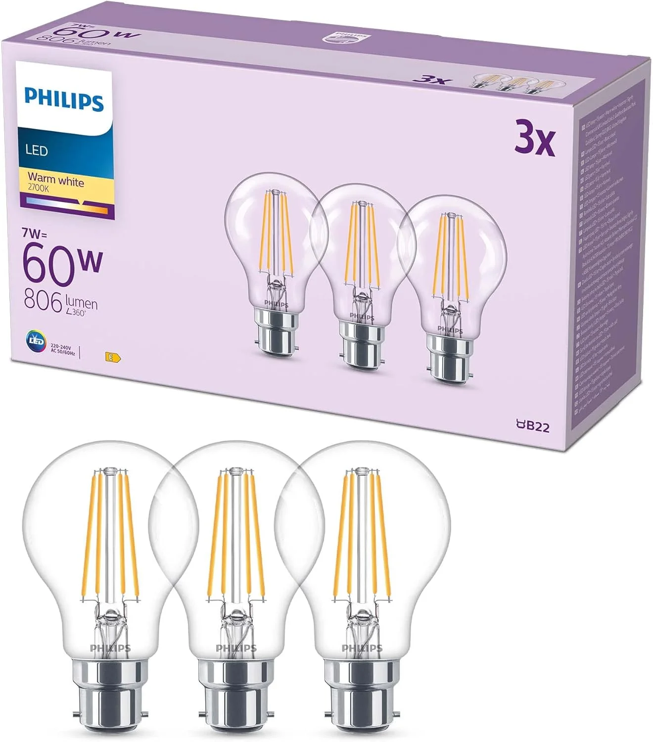 لامپ ال ای دی فیلیپس A60 بسته 3 عددی [سفید گرم 2700 کلوین - پایه B22] 60 وات، غیر قابل تنظیم نور. برای روشنایی منزل، 929001387493