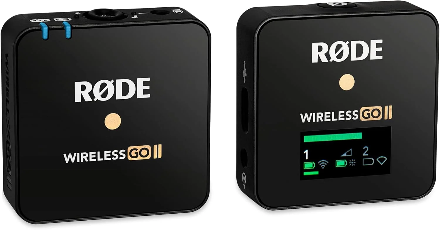 سیستم میکروفون بی‌سیم دو کاناله فوق‌العاده فشرده RØDE Wireless GO II با میکروفون داخلی و ضبط داخلی برای فیلم‌سازی، مصاحبه‌ها و تولید محتوا (تک ست)