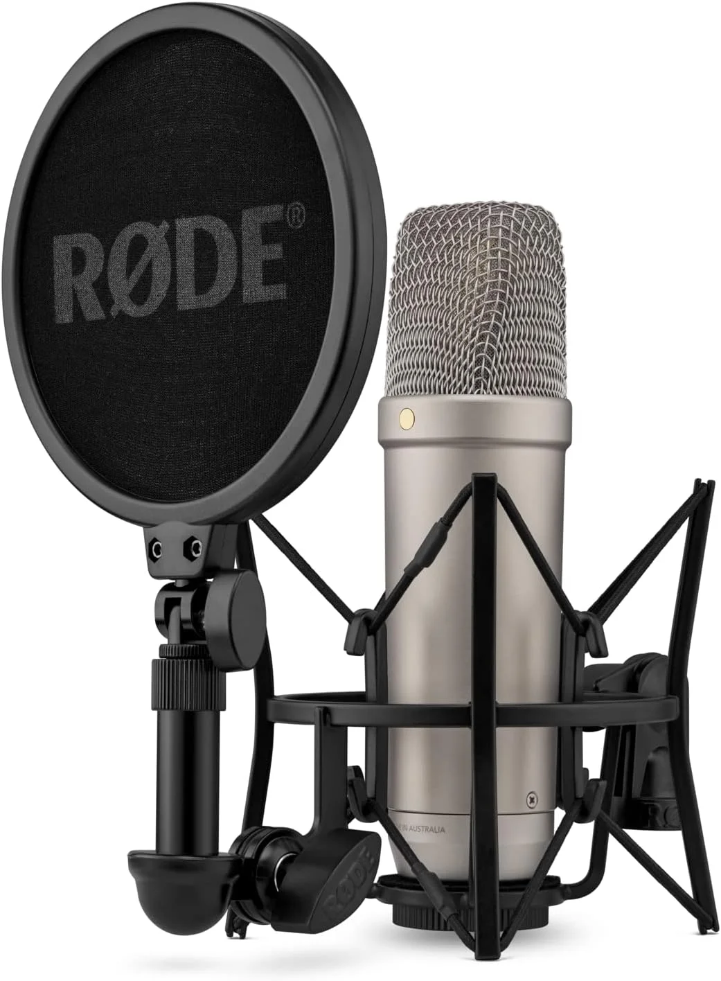 میکروفون کاندنسر استودیویی دیافراگم بزرگ RØDE NT1 نسل پنجم با خروجی‌های XLR و USB، به همراه لرزه‌گیر و پاپ فیلتر برای تولید موسیقی، ضبط وکال و پادکست (نقره‌ای)