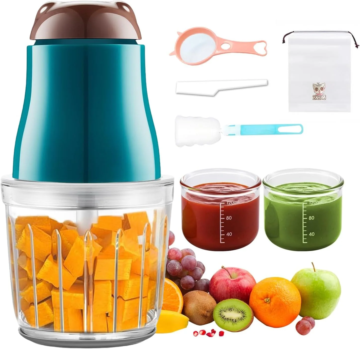 غذاساز کودک آنجو، مخلوط کن غذای کودک 300 میلی لیتری با 8 تیغه، پردازنده غذای کودک برای کودکان، میوه، سبزیجات، گوشت، همراه با کیف نگهداری، برس تمیز کننده، کاردک برای کودک شما