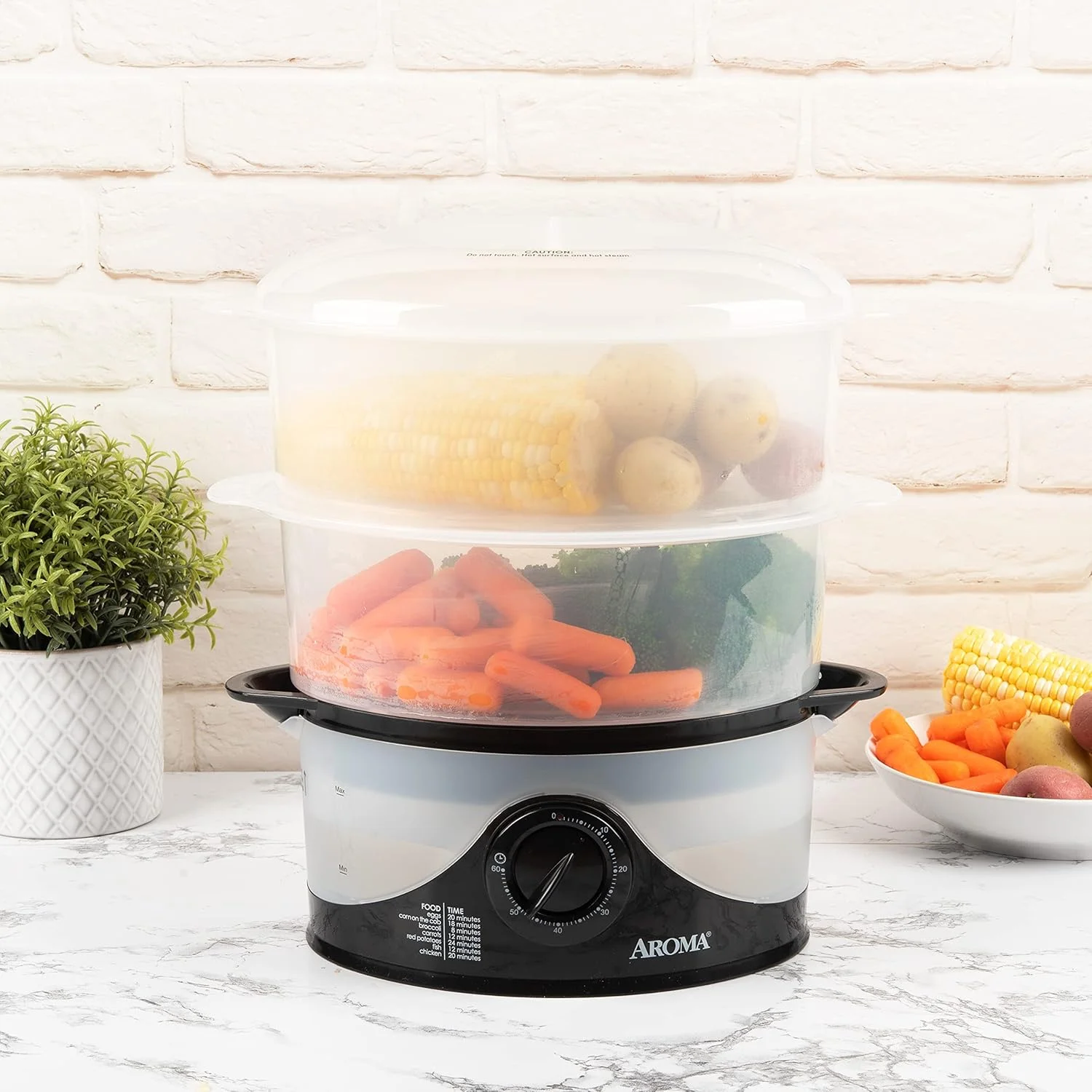 بخارپز دو طبقه 6 لیتری Aroma Housewares، قابل شستشو در ماشین ظرفشویی (AFS-140B)، مشکی