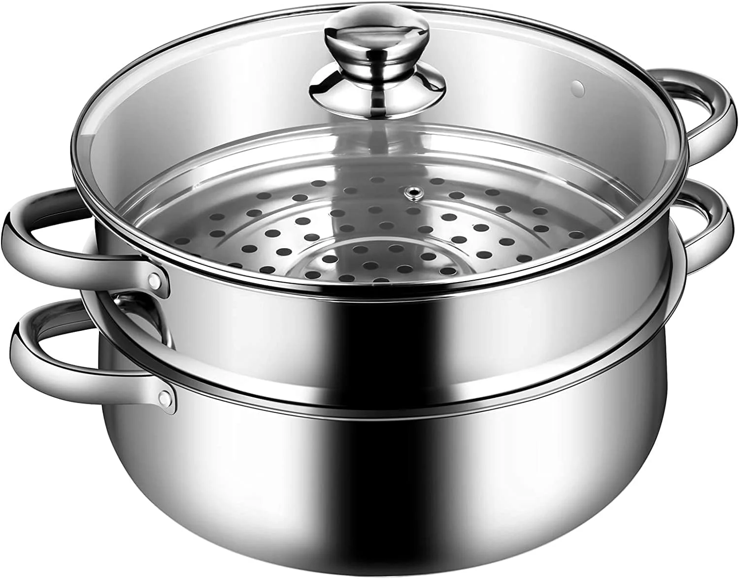 بخارپز استیل دو طبقه AMERTEER برای پخت و پز، قابلمه بخارپز چند لایه 7 اینچی با دستگیره در هر دو طرف، کپسول بخارپز با ته کپسولی با درب شیشه ای - بخارپز کوفته، قابلمه بخارپز، بخارپز سبزیجات