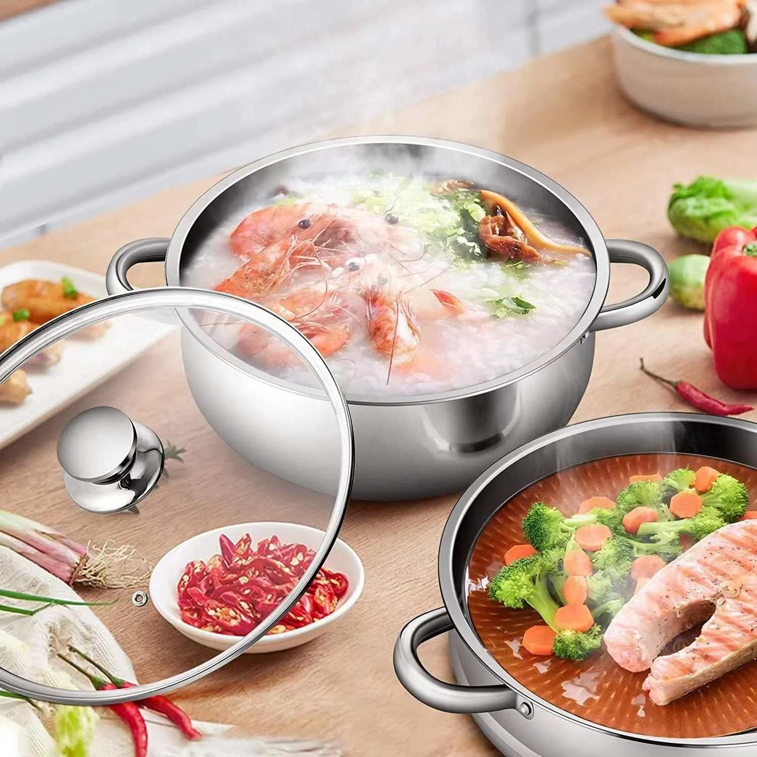 بخارپز استیل دو طبقه AMERTEER برای پخت و پز، قابلمه بخارپز چند لایه 7 اینچی با دستگیره در هر دو طرف، کپسول بخارپز با ته کپسولی با درب شیشه ای - بخارپز کوفته، قابلمه بخارپز، بخارپز سبزیجات
