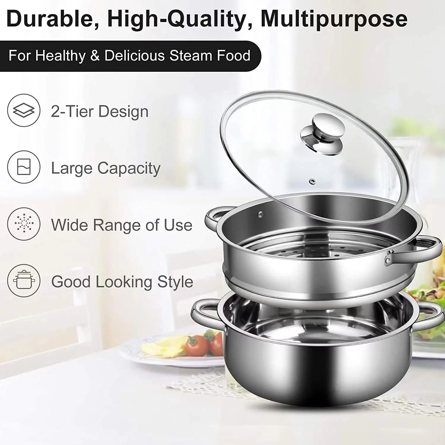 بخارپز استیل دو طبقه AMERTEER برای پخت و پز، قابلمه بخارپز چند لایه 7 اینچی با دستگیره در هر دو طرف، کپسول بخارپز با ته کپسولی با درب شیشه ای - بخارپز کوفته، قابلمه بخارپز، بخارپز سبزیجات