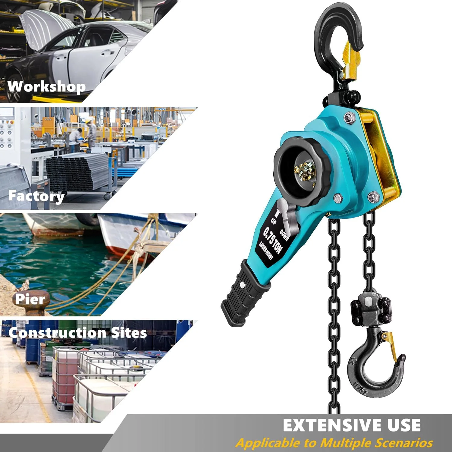 بالابر زنجیری دستی Toolzeen با اهرم 3/4 تن 750 کیلوگرم، بالابر اهرمی 1.5 متری، بالابر کششی زنجیری جغجغه ای | 2 قلاب سنگین | ساختار فولادی درجه صنعتی (1.5 متر، آبی) بالابر زنجیری دستی Toolzeen با اهرم 3/4 تن 750 کیلوگرم، بالابر اهرمی 1.5 متری، بالابر کششی زنجیری جغجغه ای | 2 قلاب سنگین | ساختار فولادی درجه صنعتی (1.5 متر، آبی)