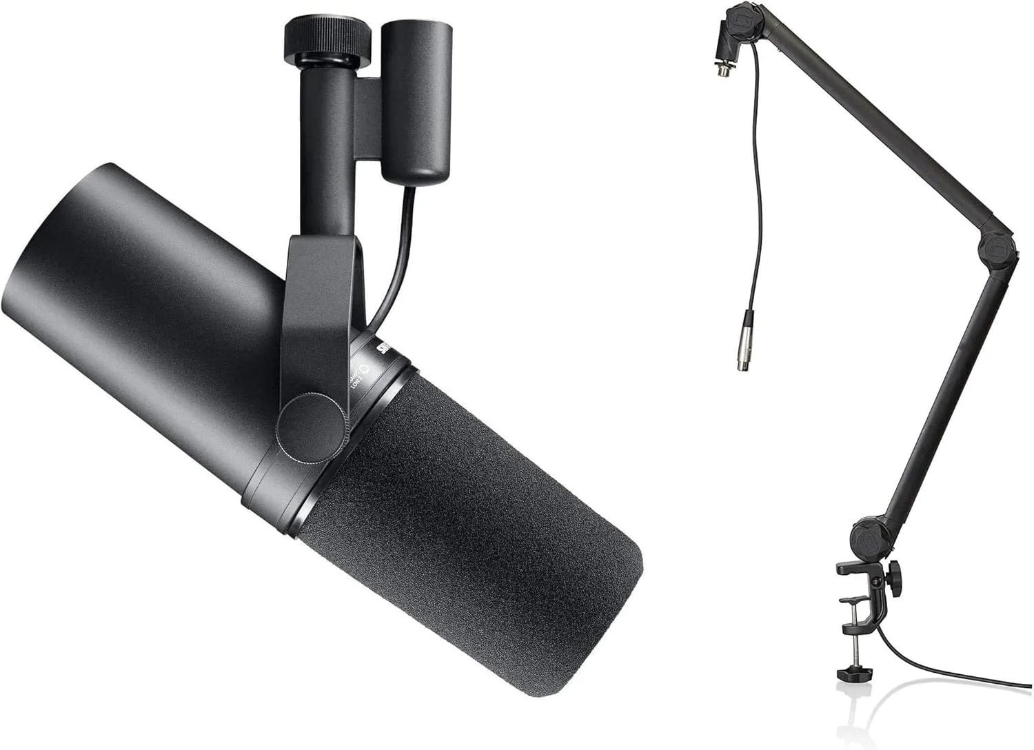 میکروفون استودیویی داینامیک افسانه‌ای Shure، مشکی، Sm7B و پایه بازویی میکروفون رومیزی Deluxe Gator Frameworks برای پادکست و ضبط؛ کابل XLR یکپارچه (Gfwbcbm3000)