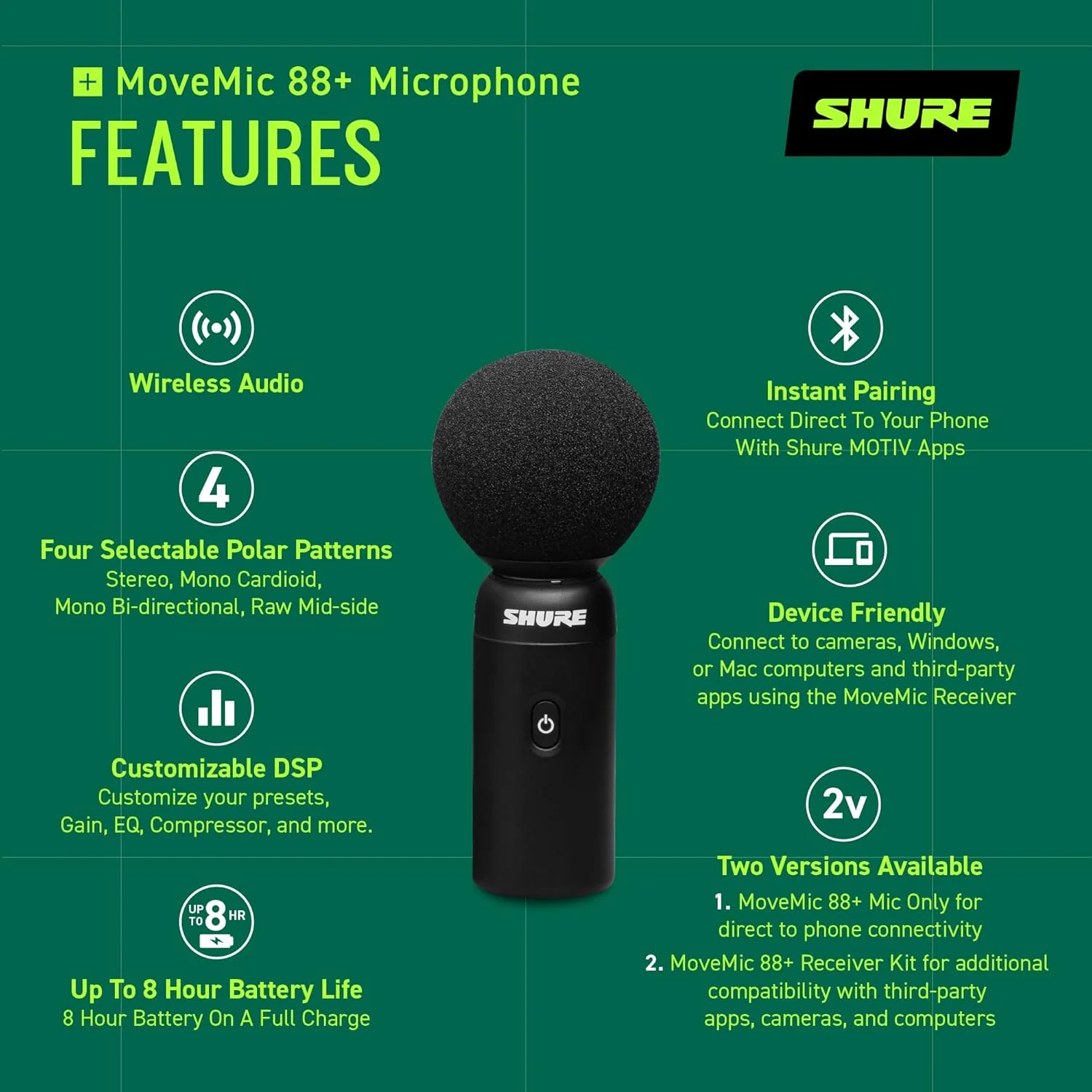 میکروفون بی سیم Shure MoveMic 88+ - ضبط کننده صدای حرفه ای برای فیلم/ضبط میدانی مصاحبه ها، میکروفون استریو 4 الگوی قطبی | سازگار با iOS/Android از طریق برنامه Motiv (MV88+W-Z7) میکروفون بی سیم Shure MoveMic 88+ - ضبط کننده صدای حرفه ای برای فیلم/ضبط میدانی مصاحبه ها، میکروفون استریو 4 الگوی قطبی | سازگار با iOS/Android از طریق برنامه Motiv (MV88+W-Z7)