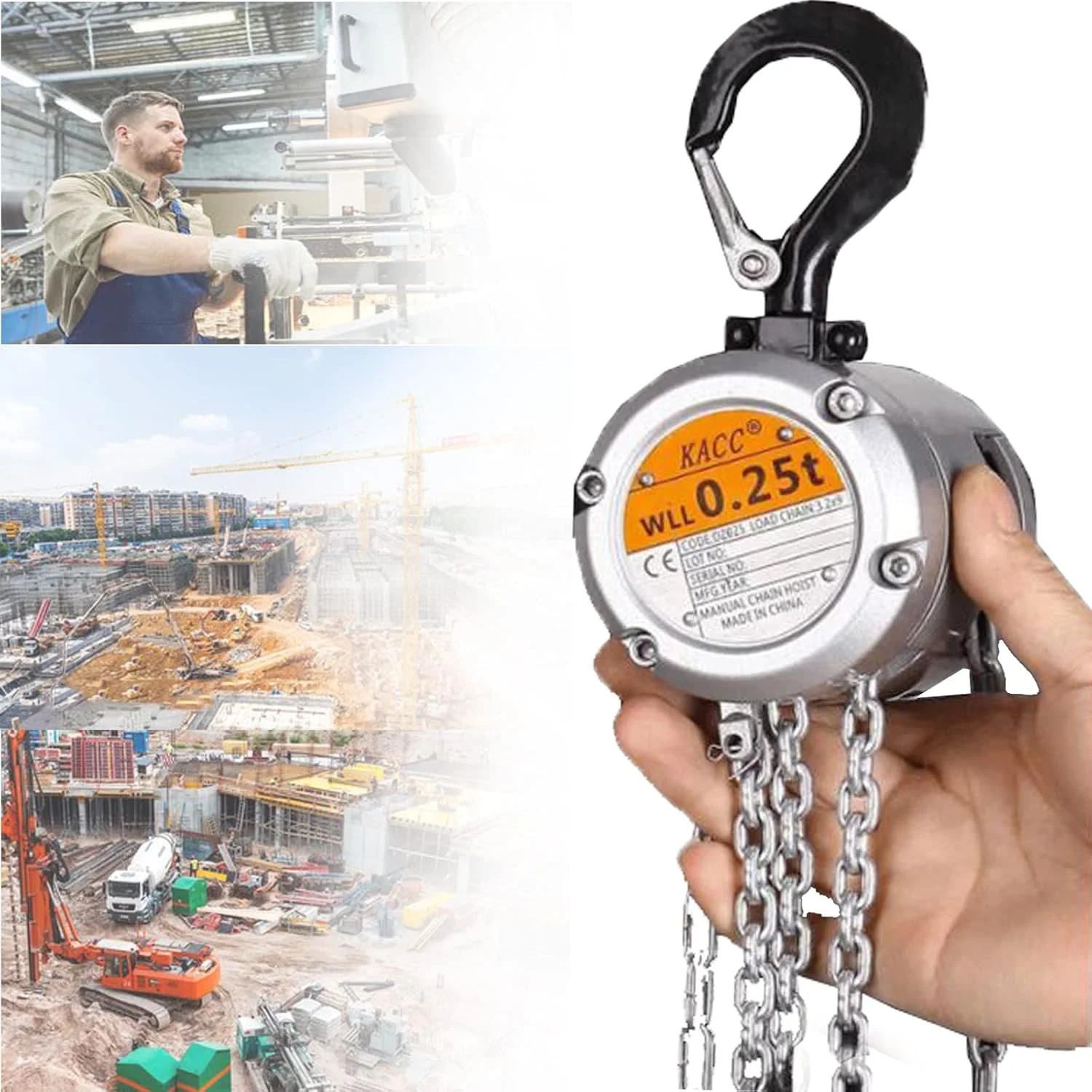 بالابر زنجیری دستی، قلاب های سنگین تجاری فولادی برای بلند کردن، کشیدن، ساخت و ساز، ساختمان، گاراژها، انبار، ماشین آلات خودرو، 500 کیلوگرم * 3 متر