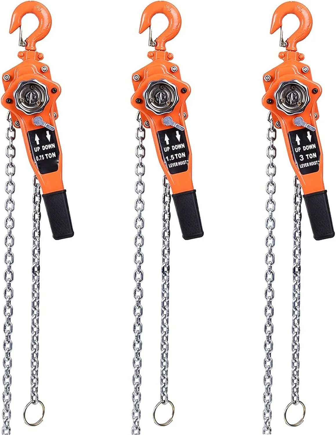 بالابر زنجیری DJGdfbj با ظرفیت 0.75 تن، رنگ نارنجی، بالابر زنجیری، بالابر جغجغه ای، قرقره اهرمی جغجغه ای، ارتفاع بالابری 3 متر، بالابر قرقره ای زنجیری برای گاراژ