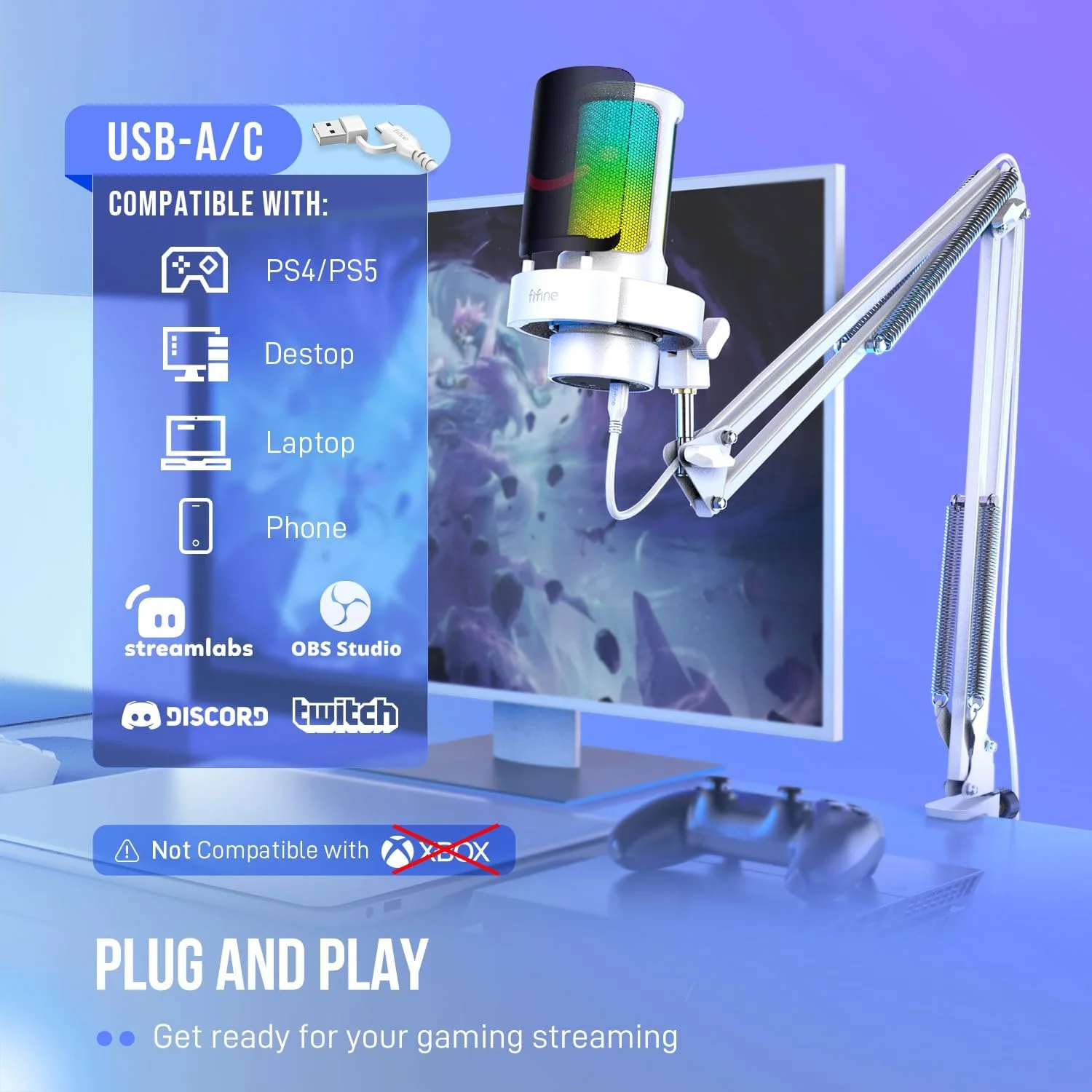 کیت میکروفون USB مخصوص بازی FIFINE، میکروفون RGB کاندنسر با بازوی بوم فلزی، دکمه قطع صدا، دکمه تنظیم بهره، مانیتورینگ هدفون، بسته میکروفون استریمینگ برای PS4/PS5، یوتیوب، دیسکورد، Twitch-A8T سفید کیت میکروفون USB مخصوص بازی FIFINE، میکروفون RGB کاندنسر با بازوی بوم فلزی، دکمه قطع صدا، دکمه تنظیم بهره، مانیتورینگ هدفون، بسته میکروفون استریمینگ برای PS4/PS5، یوتیوب، دیسکورد، Twitch-A8T سفید