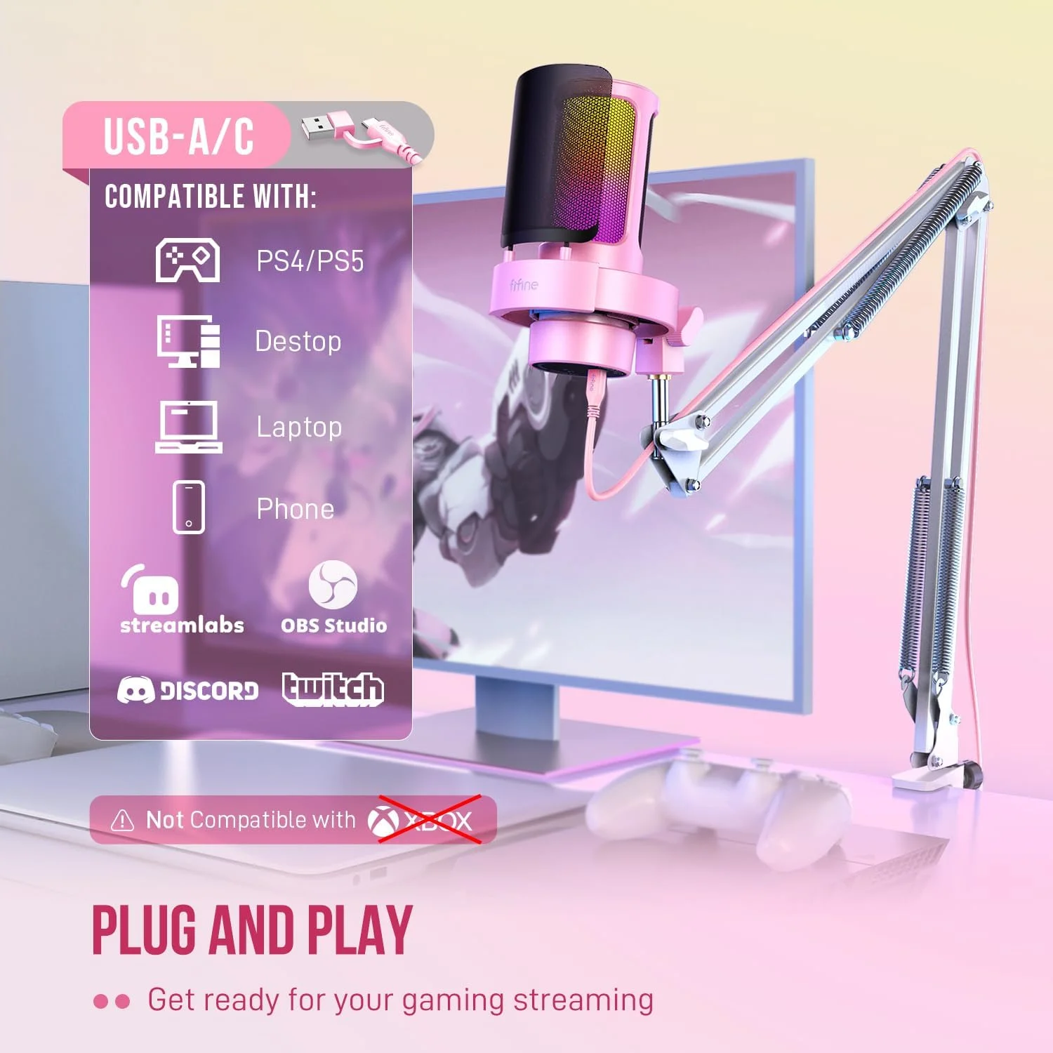 میکروفون استریمینگ USB FIFINE با بازوی بوم، کیت میکروفون گیمینگ برای PC PS4/PS5، میکروفون پادکست برای پادکست با کنترل RGB، دکمه قطع صدا، دستگیره Gain، جک هدفون، پاپ فیلتر-A8T صورتی میکروفون استریمینگ USB FIFINE با بازوی بوم، کیت میکروفون گیمینگ برای PC PS4/PS5، میکروفون پادکست برای پادکست با کنترل RGB، دکمه قطع صدا، دستگیره Gain، جک هدفون، پاپ فیلتر-A8T صورتی