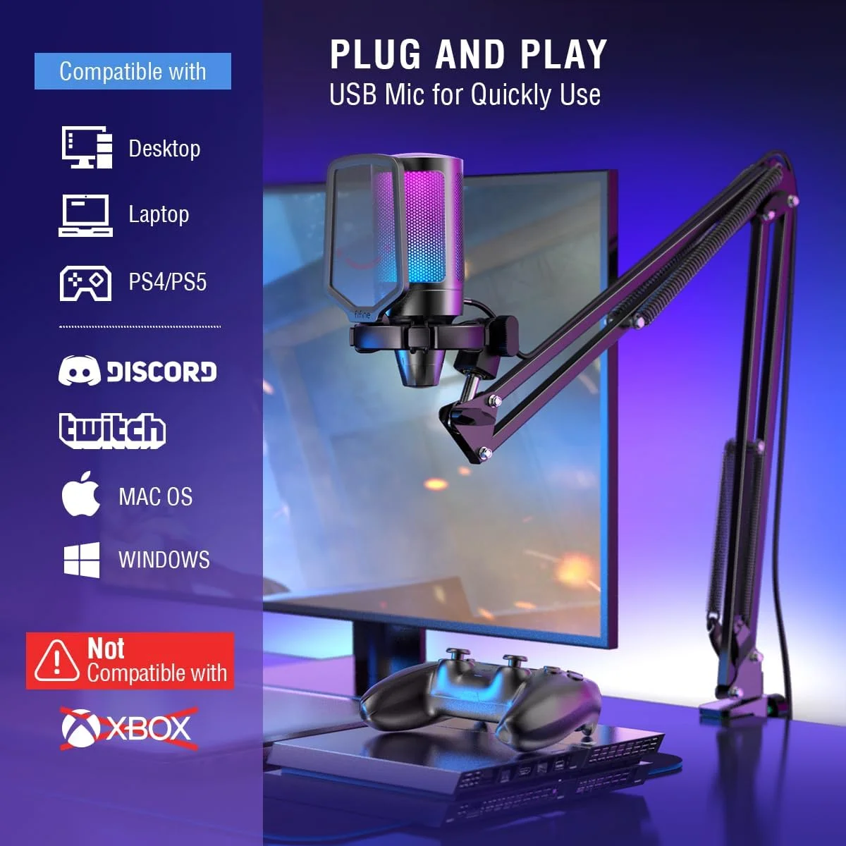 میکروفون USB مخصوص بازی FIFINE، میکروفون کاندنسر پادکست با بازوی بوم، فیلتر پاپ، دکمه قطع صدا برای استریمینگ، Twitch، چت آنلاین، میکروفون RGB کامپیوتر برای گیمر یوتیوبر - AmpliGame A6T میکروفون USB مخصوص بازی FIFINE، میکروفون کاندنسر پادکست با بازوی بوم، فیلتر پاپ، دکمه قطع صدا برای استریمینگ، Twitch، چت آنلاین، میکروفون RGB کامپیوتر برای گیمر یوتیوبر - AmpliGame A6T