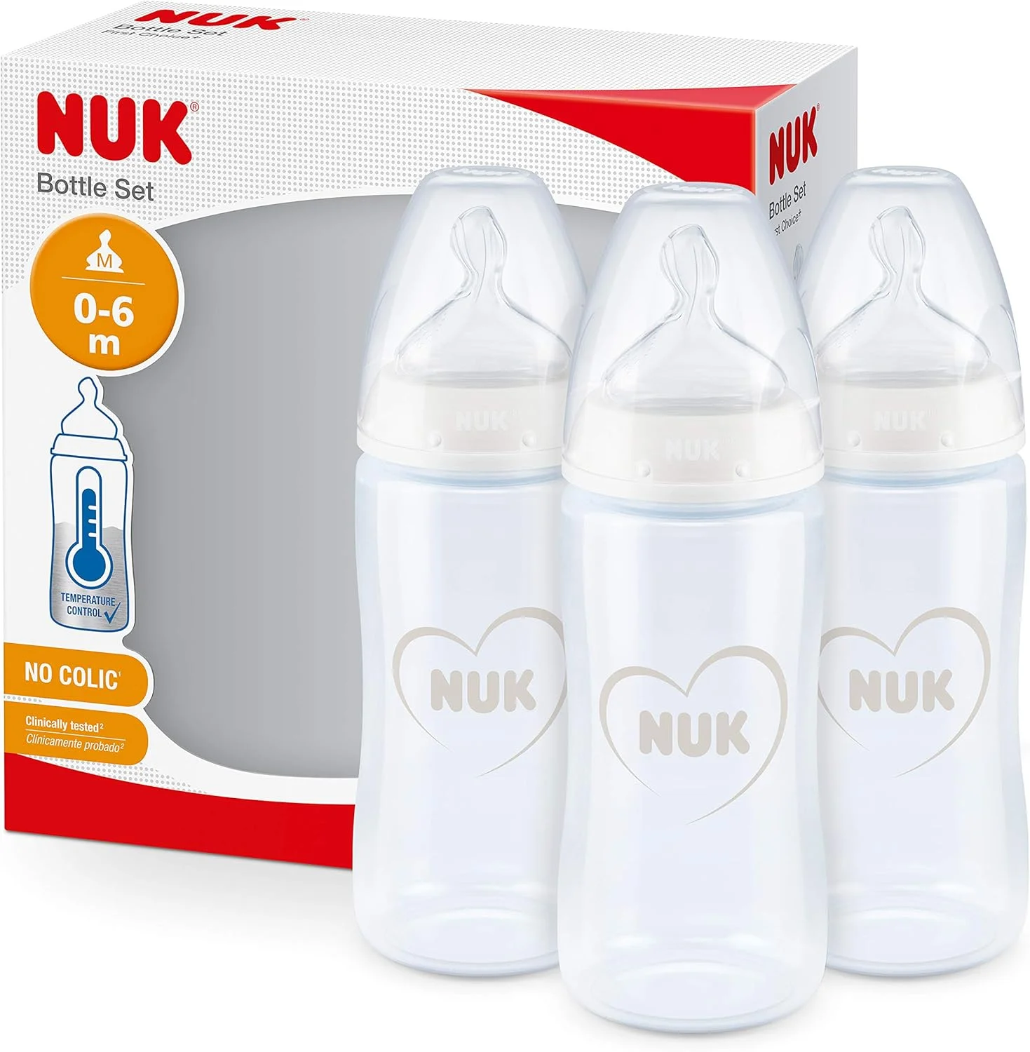 شیشه شیر نوزاد NUK First Choice+، 0-6 ماه، 300 میلی لیتر، شیشه های ضد کولیک با سرشیشه سیلیکونی ارتودنسی، کنترل دما، بدون BPA، خاکستری و سفید، 3 عدد
