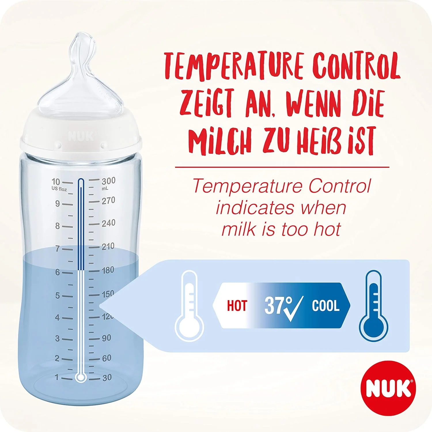 شیشه شیر نوزاد NUK First Choice+، 0-6 ماه، 300 میلی لیتر، شیشه های ضد کولیک با سرشیشه سیلیکونی ارتودنسی، کنترل دما، بدون BPA، خاکستری و سفید، 3 عدد