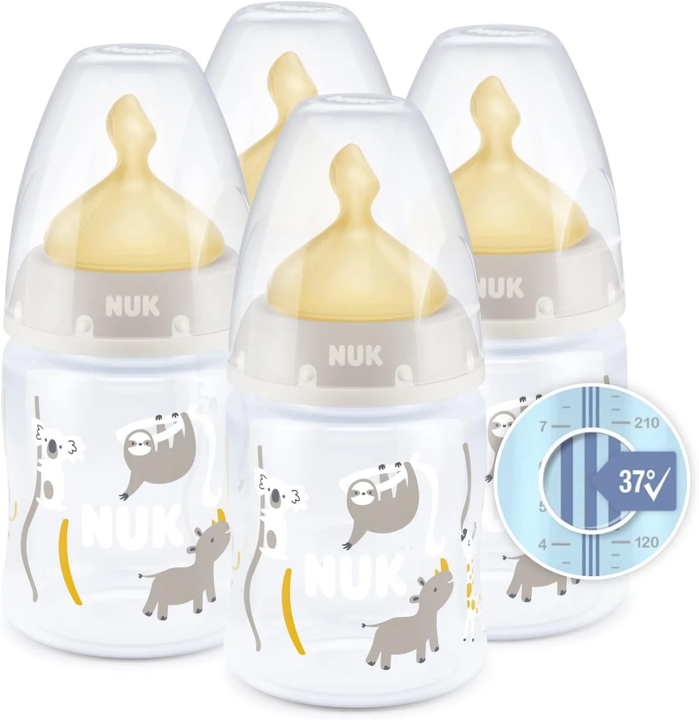 ست شیشه شیر نوزاد NUK First Choice+ | 0-6 ماه | کنترل دما | دریچه ضد کولیک | 150 میلی لیتر | بدون BPA | سرشیشه لاتکس | سافاری (بژ) | 4 عدد