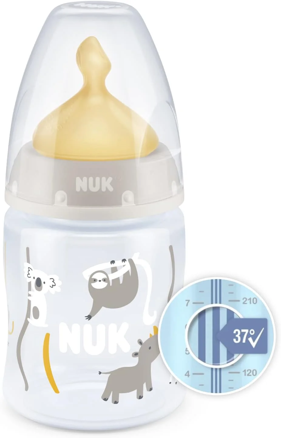 شیشه شیر نوزاد NUK First Choice+ | 0-6 ماه | کنترل دما | دریچه ضد کولیک | 150 میلی لیتر | بدون BPA | سرشیشه لاتکس | سافاری (بژ)