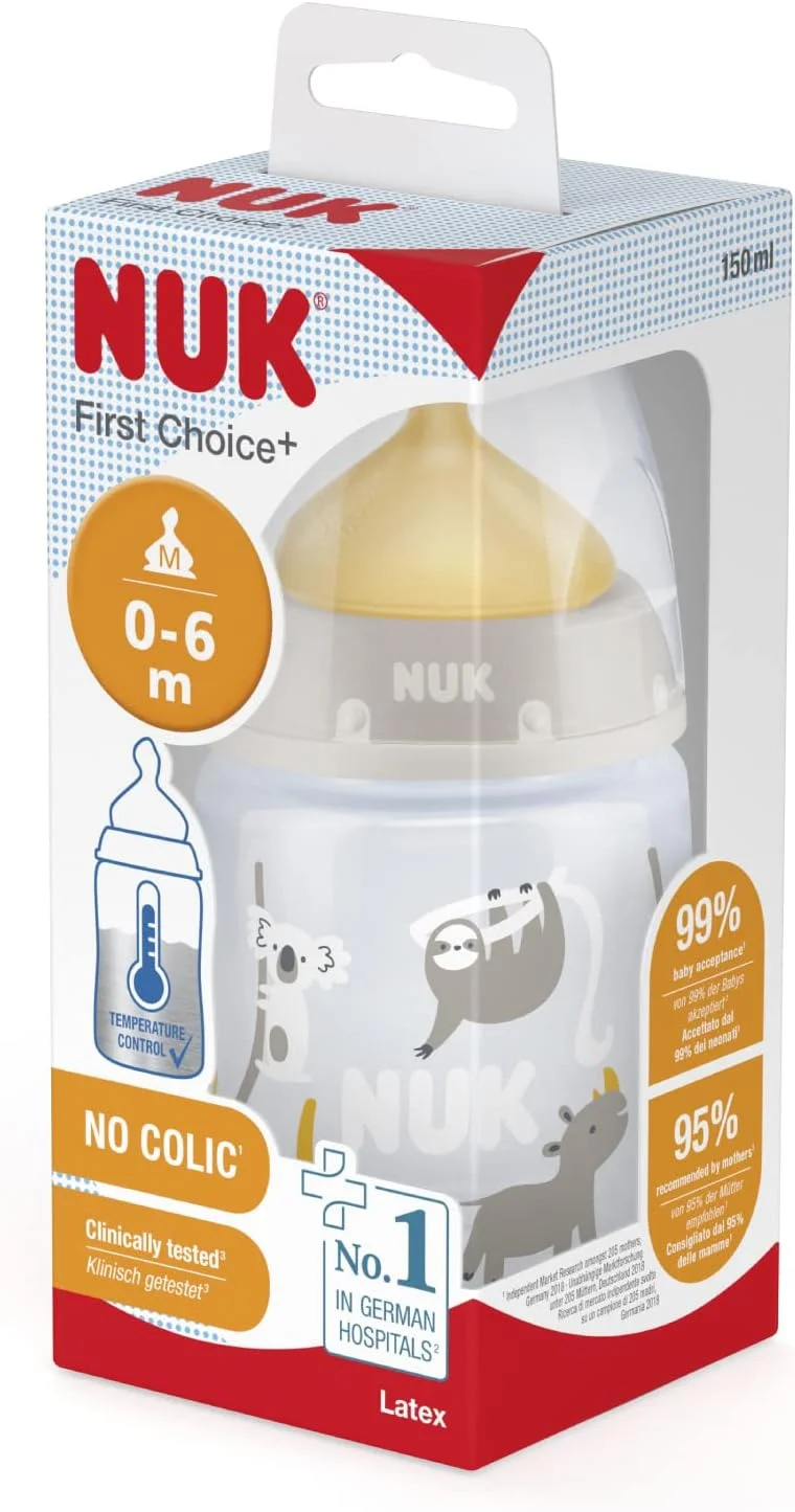 شیشه شیر نوزاد NUK First Choice+ | 0-6 ماه | کنترل دما | دریچه ضد کولیک | 150 میلی لیتر | بدون BPA | سرشیشه لاتکس | سافاری (بژ)