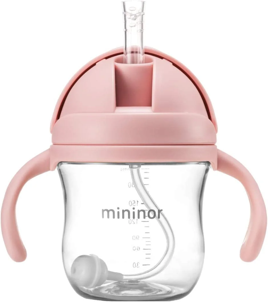 Mininor - لیوان آموزشی نی‌دار ضد چکه - 220 میلی‌لیتر، تریتان فاقد BPA و BPS، نی با وزنه، 6+ ماه - صورتی
