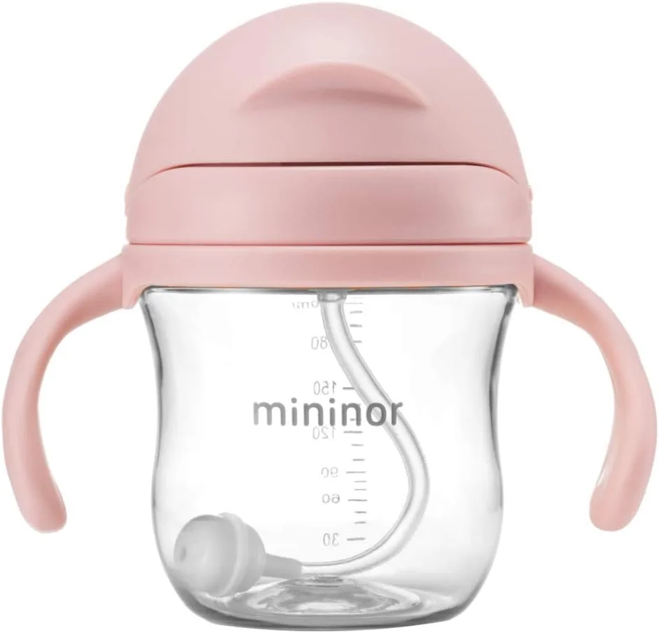 Mininor - لیوان آموزشی نی‌دار ضد چکه - 220 میلی‌لیتر، تریتان فاقد BPA و BPS، نی با وزنه، 6+ ماه - صورتی