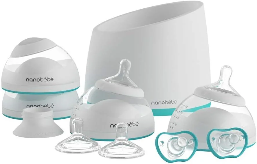 ست شیشه شیر نوزاد Nanobébé برای تغذیه با شیر مادر، ست شیشه شیر نوزاد شامل گرم کننده شیشه شیر، برنده جایزه TTPM، آبی فیروزه ای، ست 10 تکه ست شیشه شیر نوزاد Nanobébé برای تغذیه با شیر مادر، ست شیشه شیر نوزاد شامل گرم کننده شیشه شیر، برنده جایزه TTPM، آبی فیروزه ای، ست 10 تکه