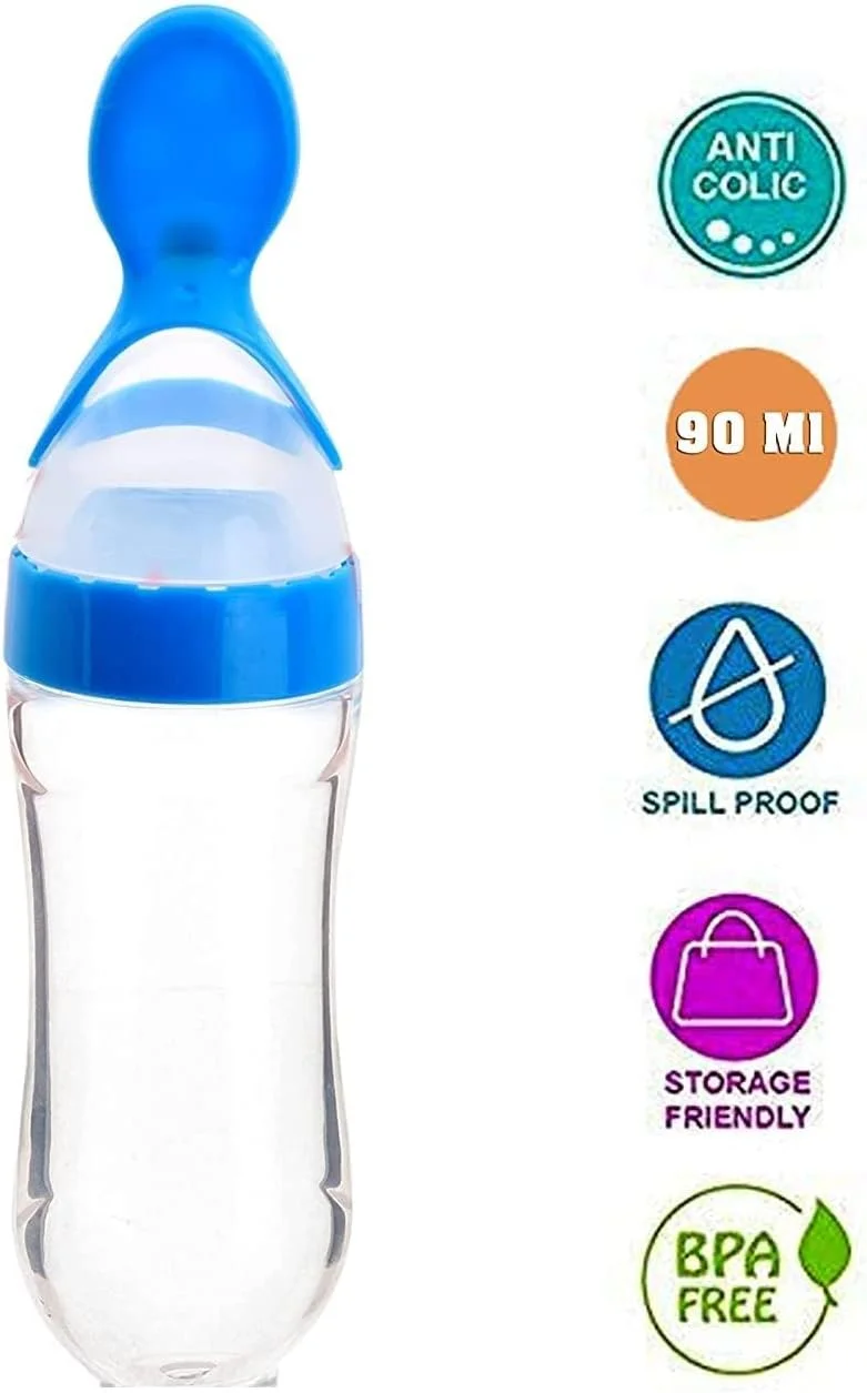 شیشه شیر سیلیکونی 90 میلی لیتری کودک نورمال با قاشق نرم - تغذیه کننده غلات کودک بدون BPA برای شیر، فرنی و مایعات نیمه جامد - تغذیه کننده قاشق فشاری آسان برای نوزاد برای از شیر گرفتن، قابل حمل و آسان برای تمیز کردن