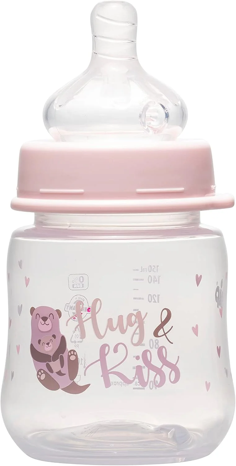 بطری شیرخوری دهانه گشاد نیپ، سرشیشه گرد سایز S، ساخته شده از سیلیکون، دارای دریچه ضد نفخ یکپارچه، 150 میلی لیتر، طرح Hug & Kiss صورتی بطری شیرخوری دهانه گشاد نیپ، سرشیشه گرد سایز S، ساخته شده از سیلیکون، دارای دریچه ضد نفخ یکپارچه، 150 میلی لیتر، طرح Hug & Kiss صورتی