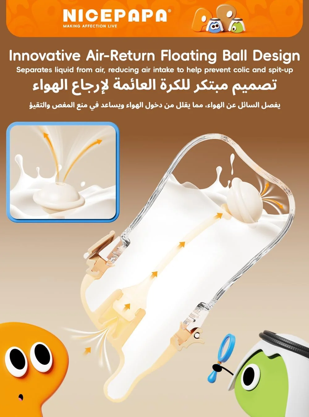 شیشه شیر ضد نفخ نایس پاپا، شیشه شیر شیشه ای با دهانه پهن، فاقد BPA، سرشیشه سیلیکونی شبیه سینه مادر، درب تاشو، طراحی برگشت هوا، 150 میلی لیتر - 1 عدد، سایز XS برای 0-1 ماه