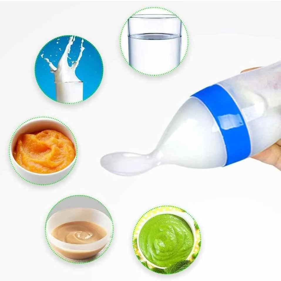 شیشه شیر سیلیکونی 90 میلی لیتری کودک نورمال با قاشق نرم - تغذیه کننده غلات کودک بدون BPA برای شیر، فرنی و مایعات نیمه جامد - تغذیه کننده قاشق فشاری آسان برای نوزاد برای از شیر گرفتن، قابل حمل و آسان برای تمیز کردن