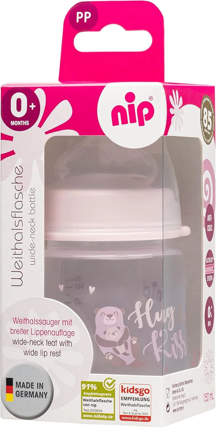 بطری شیرخوری دهانه گشاد نیپ، سرشیشه گرد سایز S، ساخته شده از سیلیکون، دارای دریچه ضد نفخ یکپارچه، 150 میلی لیتر، طرح Hug & Kiss صورتی بطری شیرخوری دهانه گشاد نیپ، سرشیشه گرد سایز S، ساخته شده از سیلیکون، دارای دریچه ضد نفخ یکپارچه، 150 میلی لیتر، طرح Hug & Kiss صورتی