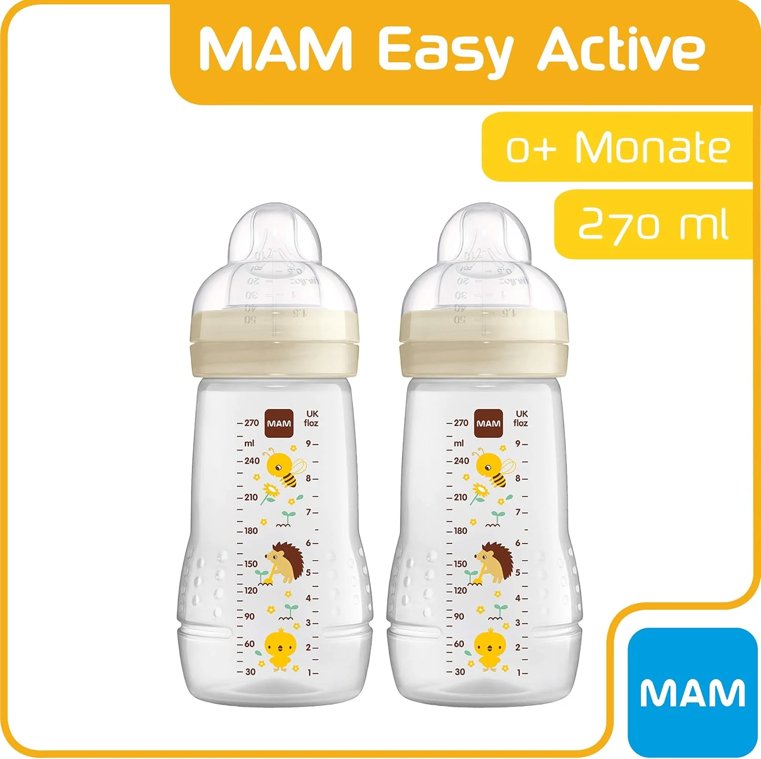 ست 2 عددی شیشه شیر ایزی اکتیو MAM (270 میلی لیتر)، شیشه شیر نوزاد شامل سرشیشه سایز 1 MAM ساخته شده از سیلیکون SkinSoft، شیشه شیر با شکل ارگونومیک، 0+ ماه، زنبور/جوجه تیغی ست 2 عددی شیشه شیر ایزی اکتیو MAM (270 میلی لیتر)، شیشه شیر نوزاد شامل سرشیشه سایز 1 MAM ساخته شده از سیلیکون SkinSoft، شیشه شیر با شکل ارگونومیک، 0+ ماه، زنبور/جوجه تیغی