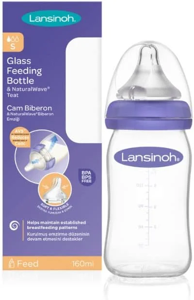 شیشه شیر پیرکس لانسینو با سرشیشه NaturalWave (160 میلی لیتر)، ضد کولیک، شیشه ممتاز مقاوم در برابر حرارت و شوک حرارتی، سرشیشه سیلیکونی نرم و انعطاف پذیر با جریان آهسته، فاقد BPA و BPS، بنفش