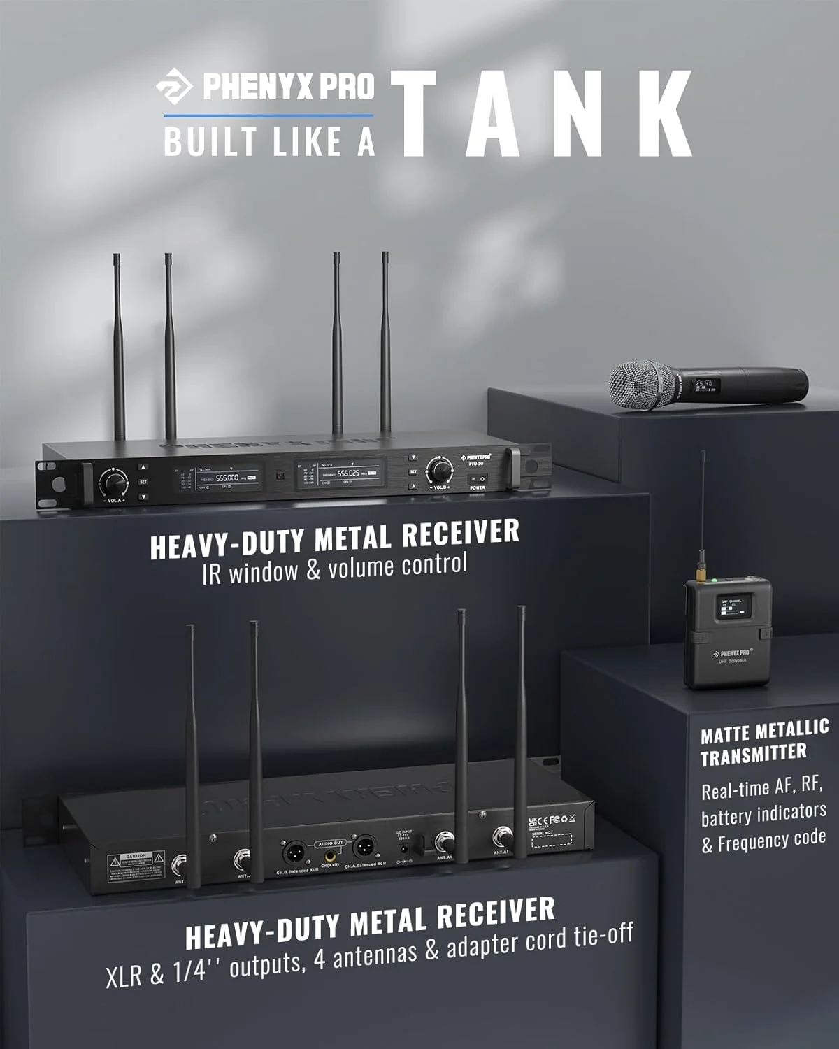 سیستم میکروفون بی سیم Phenyx Pro، مجموعه میکروفون بی سیم دوگانه با تنوع واقعی با میکروفون دستی UHF/بادی پک/هدست/میکروفون یقه ای، اسکن خودکار، 2x1000 کانال برای استیج و استودیو (PTU-2U-1H1B) سیستم میکروفون بی سیم Phenyx Pro، مجموعه میکروفون بی سیم دوگانه با تنوع واقعی با میکروفون دستی UHF/بادی پک/هدست/میکروفون یقه ای، اسکن خودکار، 2x1000 کانال برای استیج و استودیو (PTU-2U-1H1B)