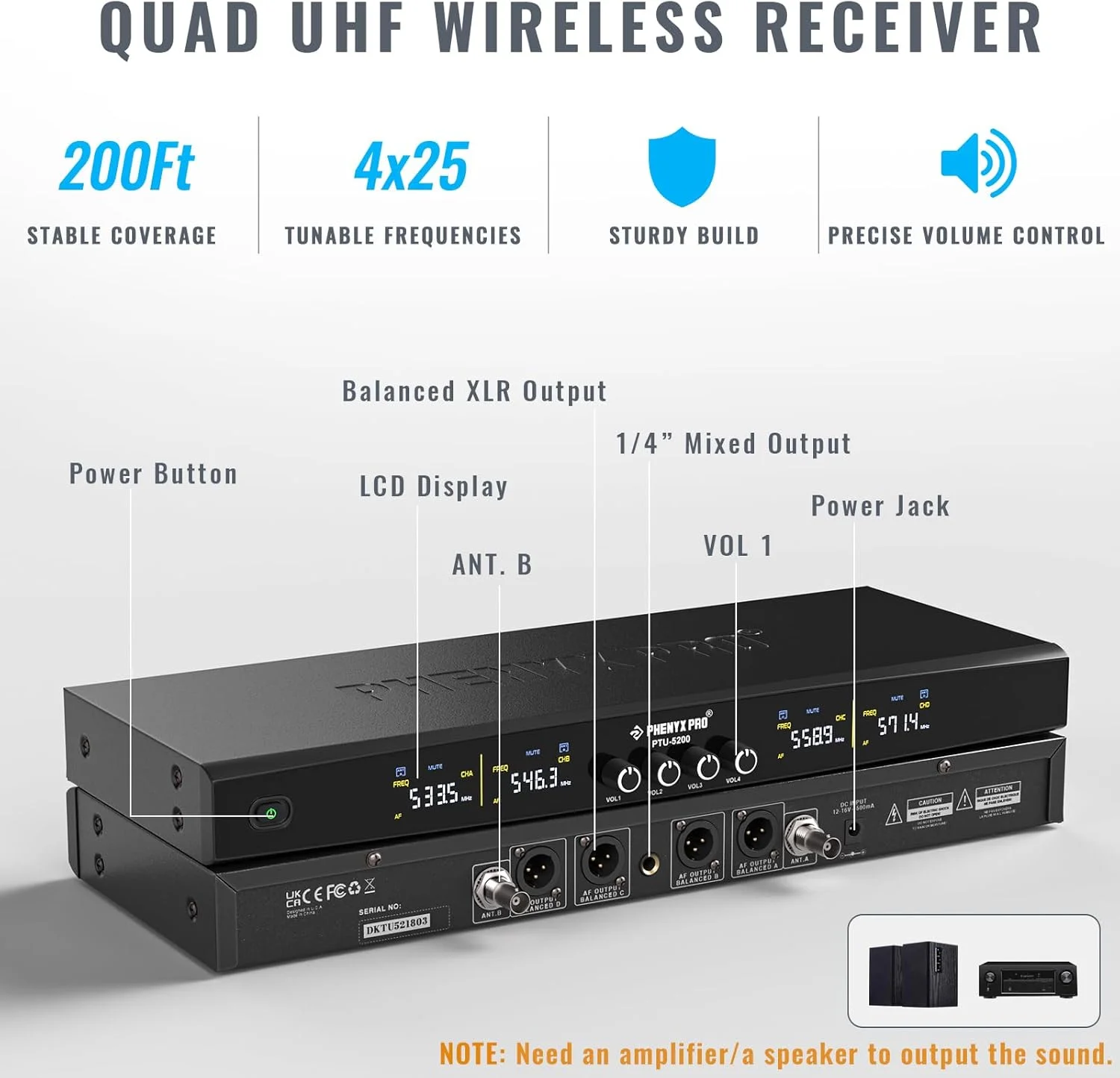 سیستم میکروفون بی‌سیم Phenyx Pro، ست میکروفون بی‌سیم 4 کاناله با 4 بادی‌پک و هدست/میکروفون یقه‌ای، 4x25 فرکانس UHF، پوشش 200 فوتی، میکروفون بی‌سیم برای آواز، کلیسا (PTU-5200-4B)