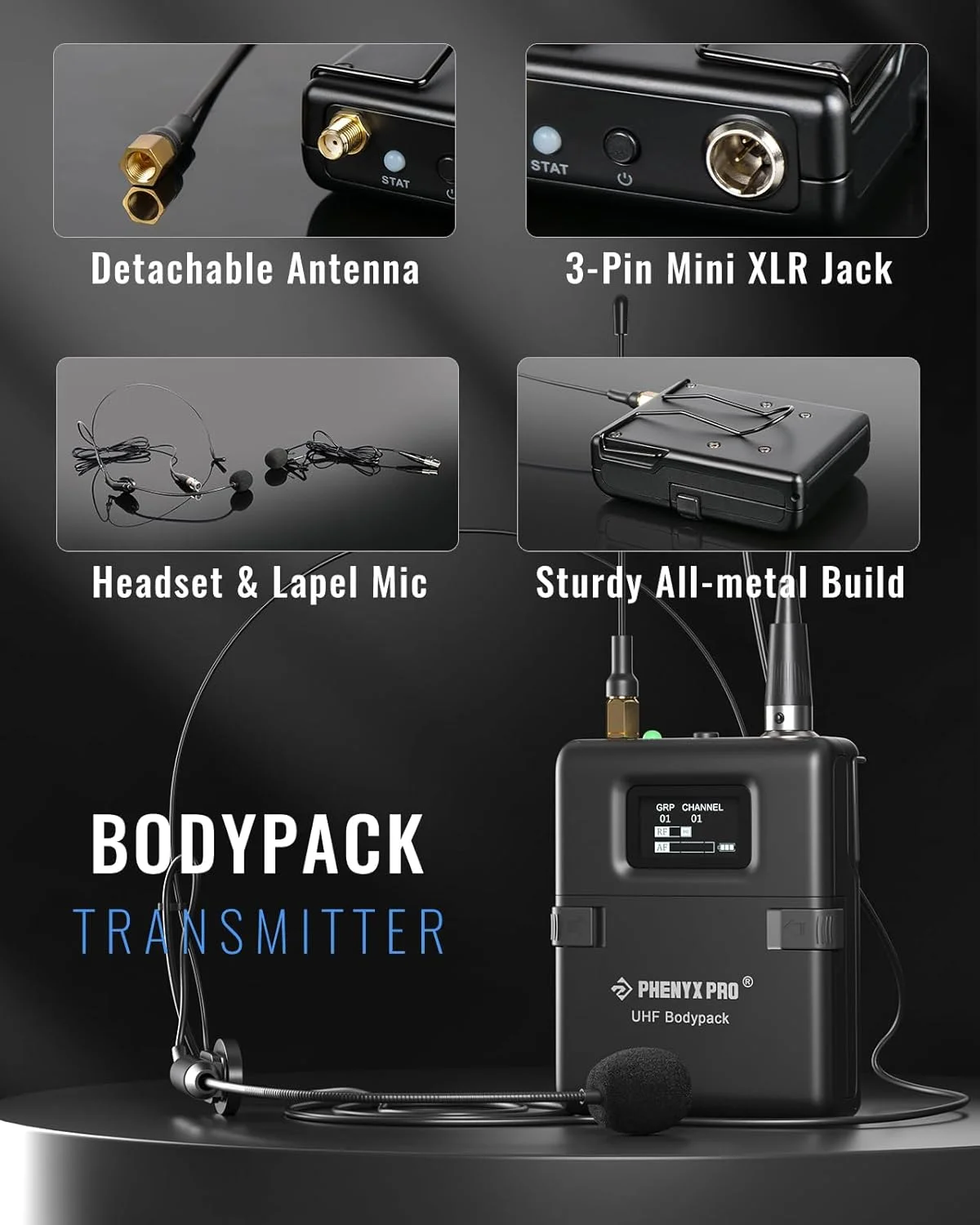 سیستم میکروفون بی سیم Phenyx Pro، مجموعه میکروفون بی سیم دوگانه با تنوع واقعی با میکروفون دستی UHF/بادی پک/هدست/میکروفون یقه ای، اسکن خودکار، 2x1000 کانال برای استیج و استودیو (PTU-2U-1H1B) سیستم میکروفون بی سیم Phenyx Pro، مجموعه میکروفون بی سیم دوگانه با تنوع واقعی با میکروفون دستی UHF/بادی پک/هدست/میکروفون یقه ای، اسکن خودکار، 2x1000 کانال برای استیج و استودیو (PTU-2U-1H1B)