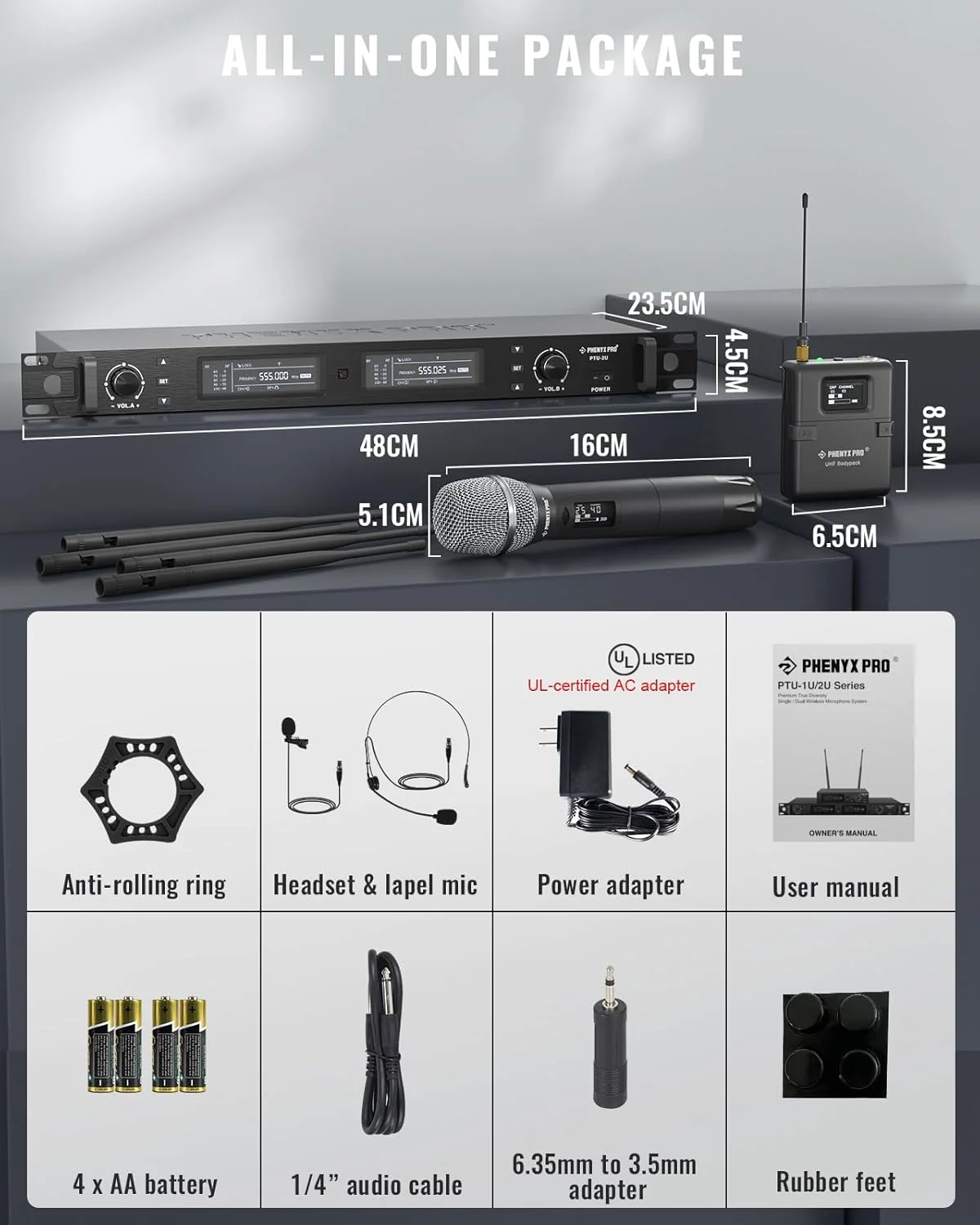 سیستم میکروفون بی سیم Phenyx Pro، مجموعه میکروفون بی سیم دوگانه با تنوع واقعی با میکروفون دستی UHF/بادی پک/هدست/میکروفون یقه ای، اسکن خودکار، 2x1000 کانال برای استیج و استودیو (PTU-2U-1H1B) سیستم میکروفون بی سیم Phenyx Pro، مجموعه میکروفون بی سیم دوگانه با تنوع واقعی با میکروفون دستی UHF/بادی پک/هدست/میکروفون یقه ای، اسکن خودکار، 2x1000 کانال برای استیج و استودیو (PTU-2U-1H1B)