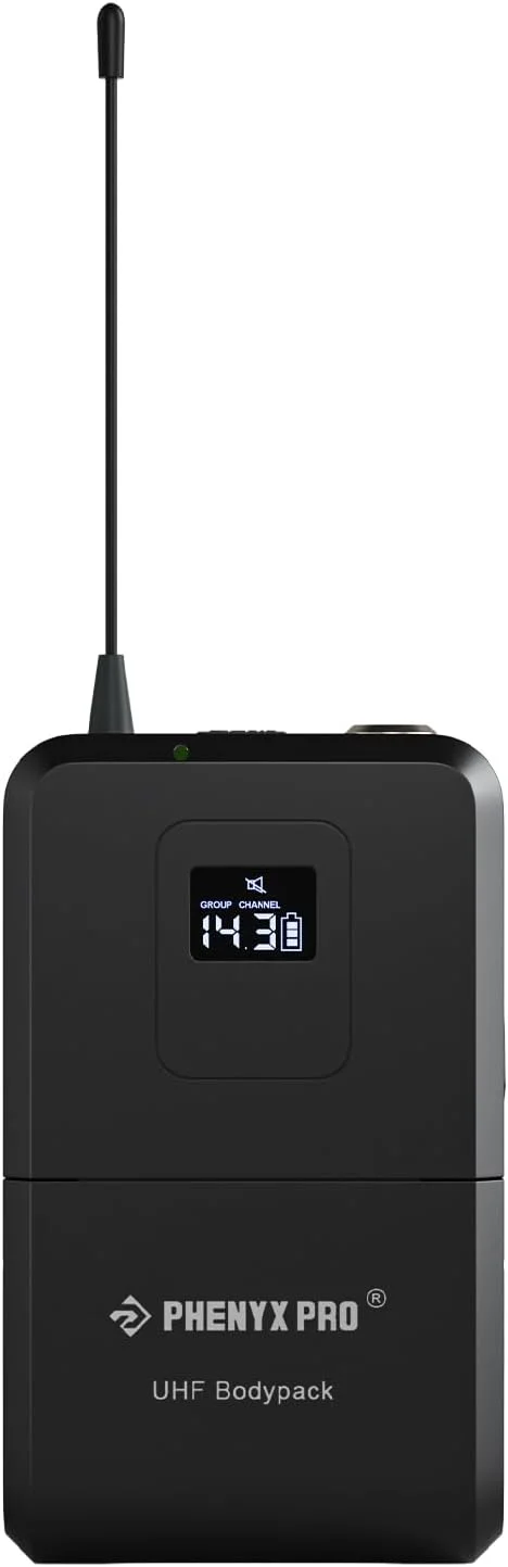 فرستنده بی‌سیم بادی‌پک Phenyx Pro، میکروفون بادی‌پک UHF برای PTU-71/PTU-7000/PTU-6000، با فرکانس‌های قابل انتخاب، عملکرد بی‌صدا (PWB-7)