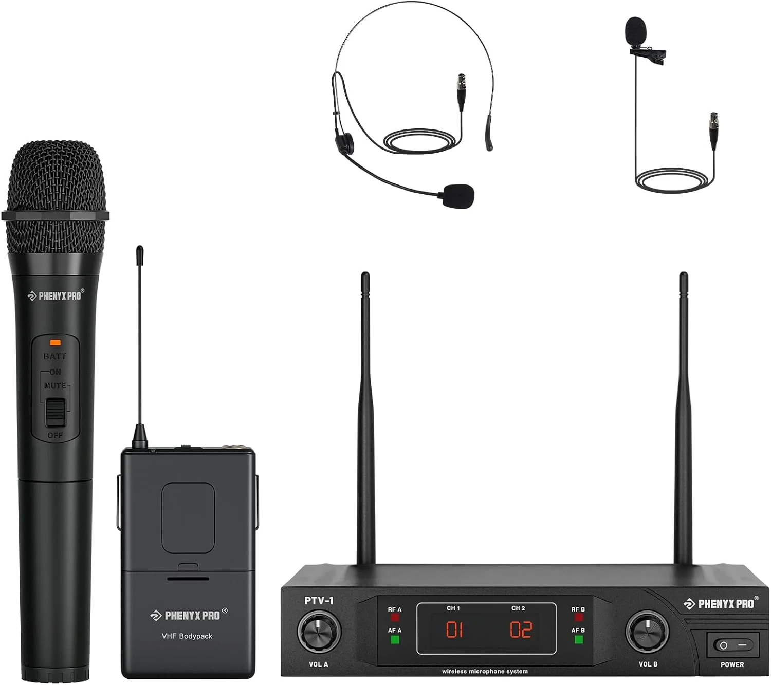 سیستم میکروفون بی سیم VHF Phenyx Pro، با میکروفون دستی، میکروفون هدست، میکروفون یقه ای، بادی پک