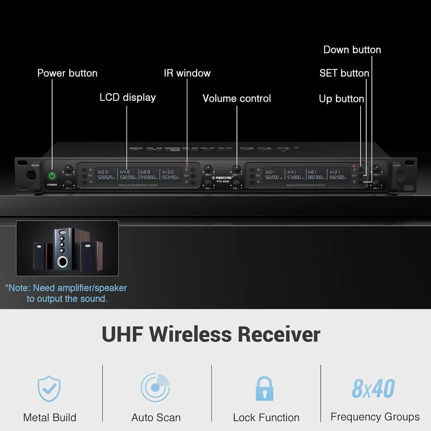 سیستم میکروفون بی سیم Phenyx Pro PTU6000A با مجموعه میکروفون دستی فلزی (328 فوت، 8 x 40 کانال)