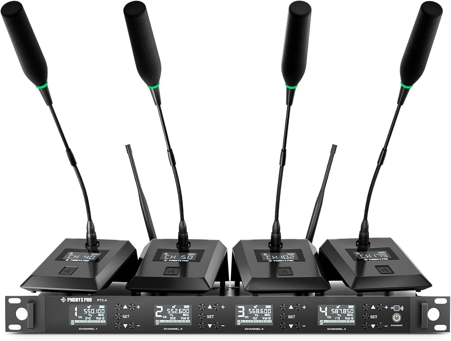 سیستم میکروفون کنفرانس بی‌سیم Phenyx Pro، میکروفون تریبون بی‌سیم چهار کاناله، 4x50 فرکانس UHF، اسکن خودکار، 4 میکروفون گردن غازی برای سخنرانی، کلیسا، کنفرانس، سخنرانی عمومی (PTC-4)