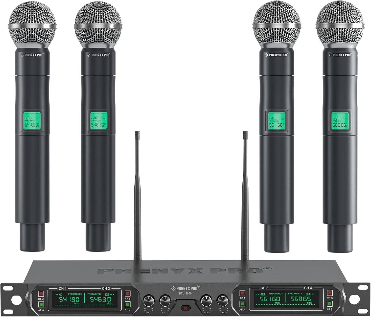 سیستم میکروفون بی سیم Phenyx Pro، ست میکروفون بی سیم UHF 4 کاناله با چهار میکروفون دستی، بدنه تمام فلزی، فرکانس ثابت، برد بلند 260 فوت، ایده آل برای کلیسا، کارائوکه، عروسی ها، رویدادها (PTU-5000A)