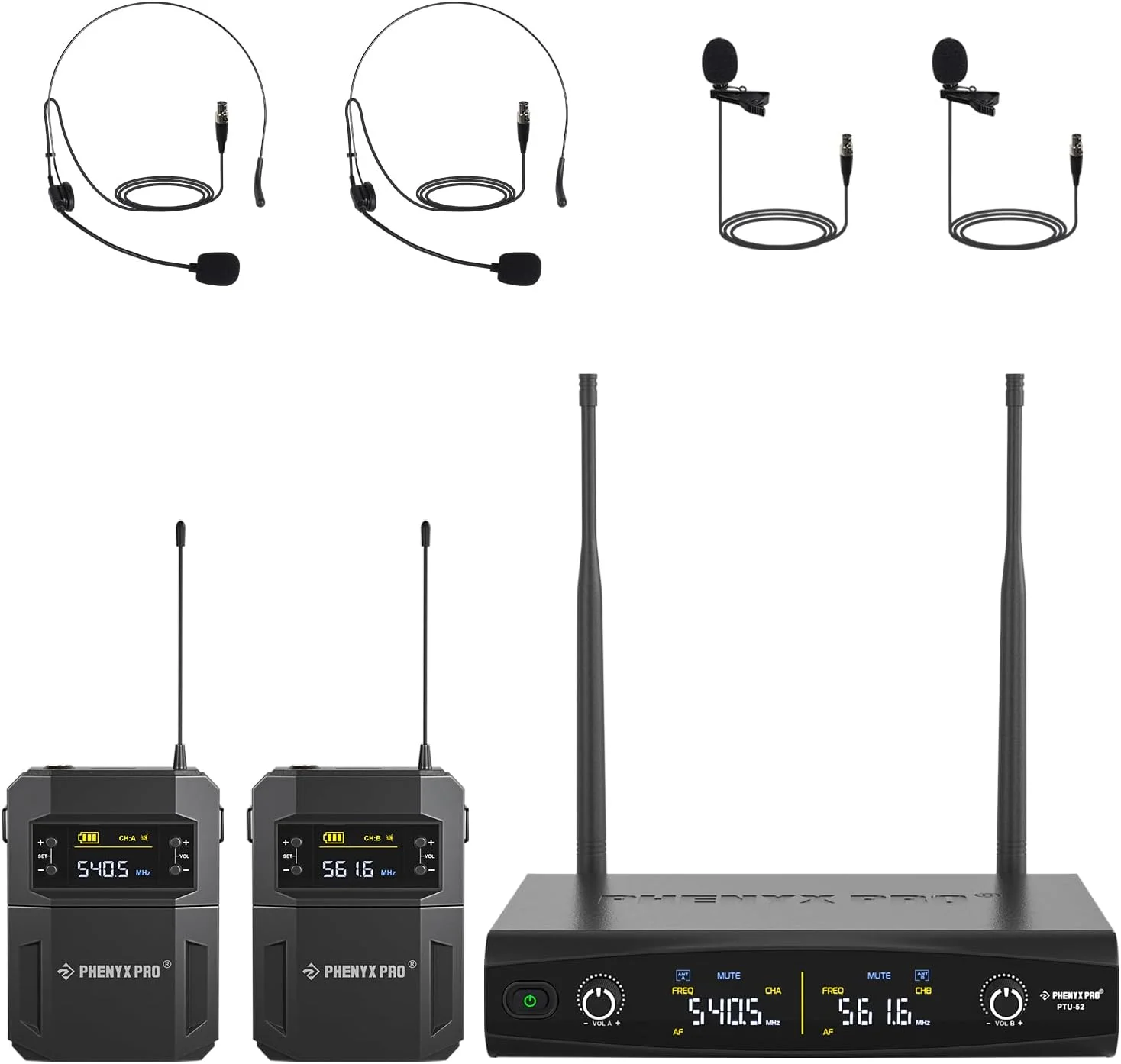 سیستم میکروفون بی سیم UHF Phenyx Pro با 2x30 فرکانس قابل تنظیم، ست میکروفون بی سیم فلزی، برد 200 فوت، 2 عدد بادی پک و هدست/میکروفون یقه ای برای سخنرانی، آواز، کلیسا، دی جی (PTU-52-2B)