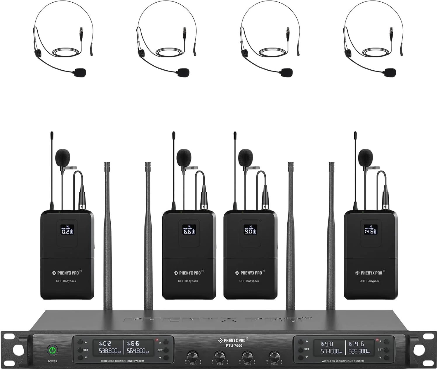 سیستم میکروفون بی سیم Phenyx Pro، میکروفون 4 کاناله UHF با 4 بادی پک و هدفون/میکروفون کلیسایی، 4x40 فرکانس، اسکن خودکار، پوشش 328 فوتی برای آواز، دی جی (PTU-7000-4B)